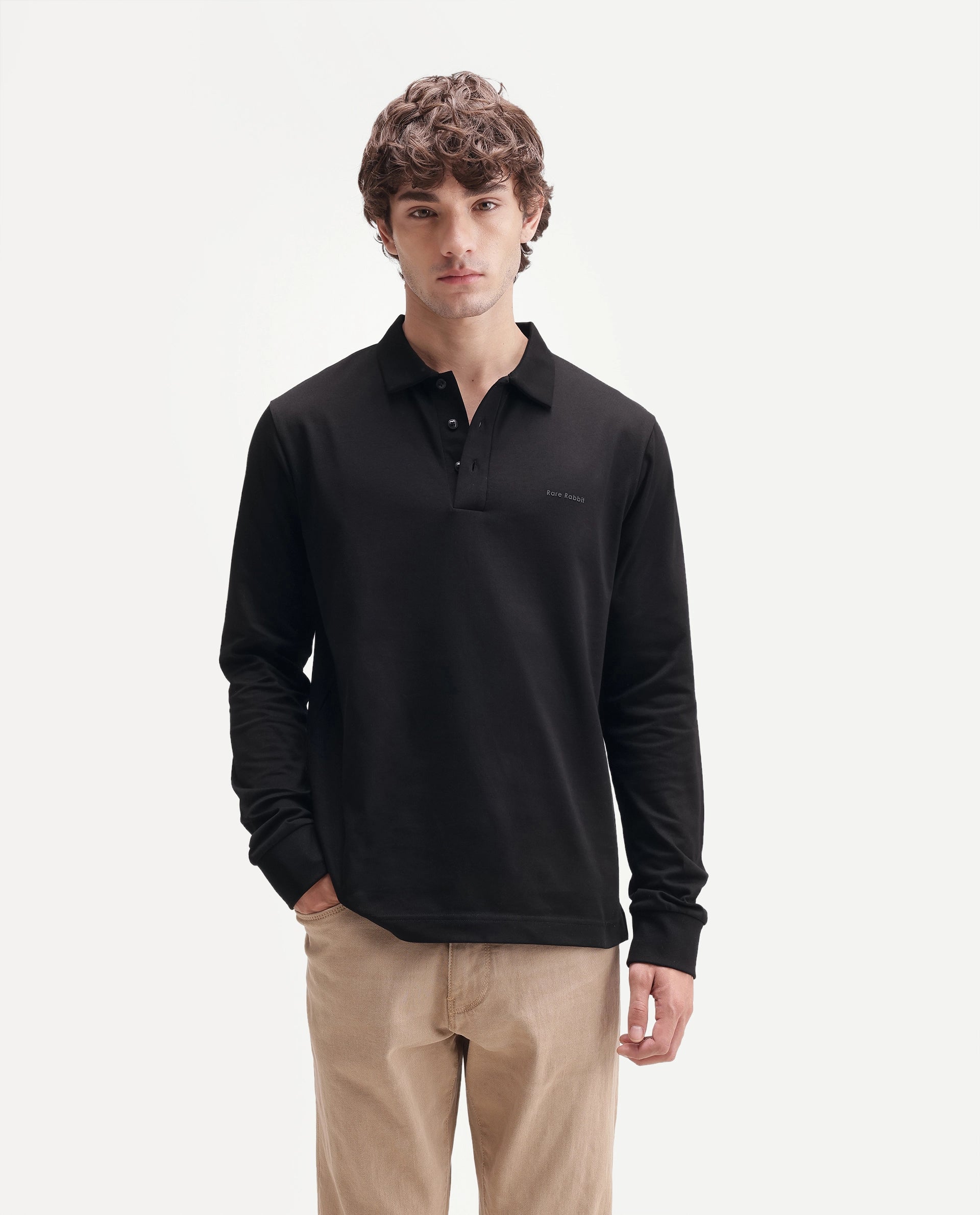Rare Rabbit Men's Travo Black Cotton Spread Collar Regular Plain Polo