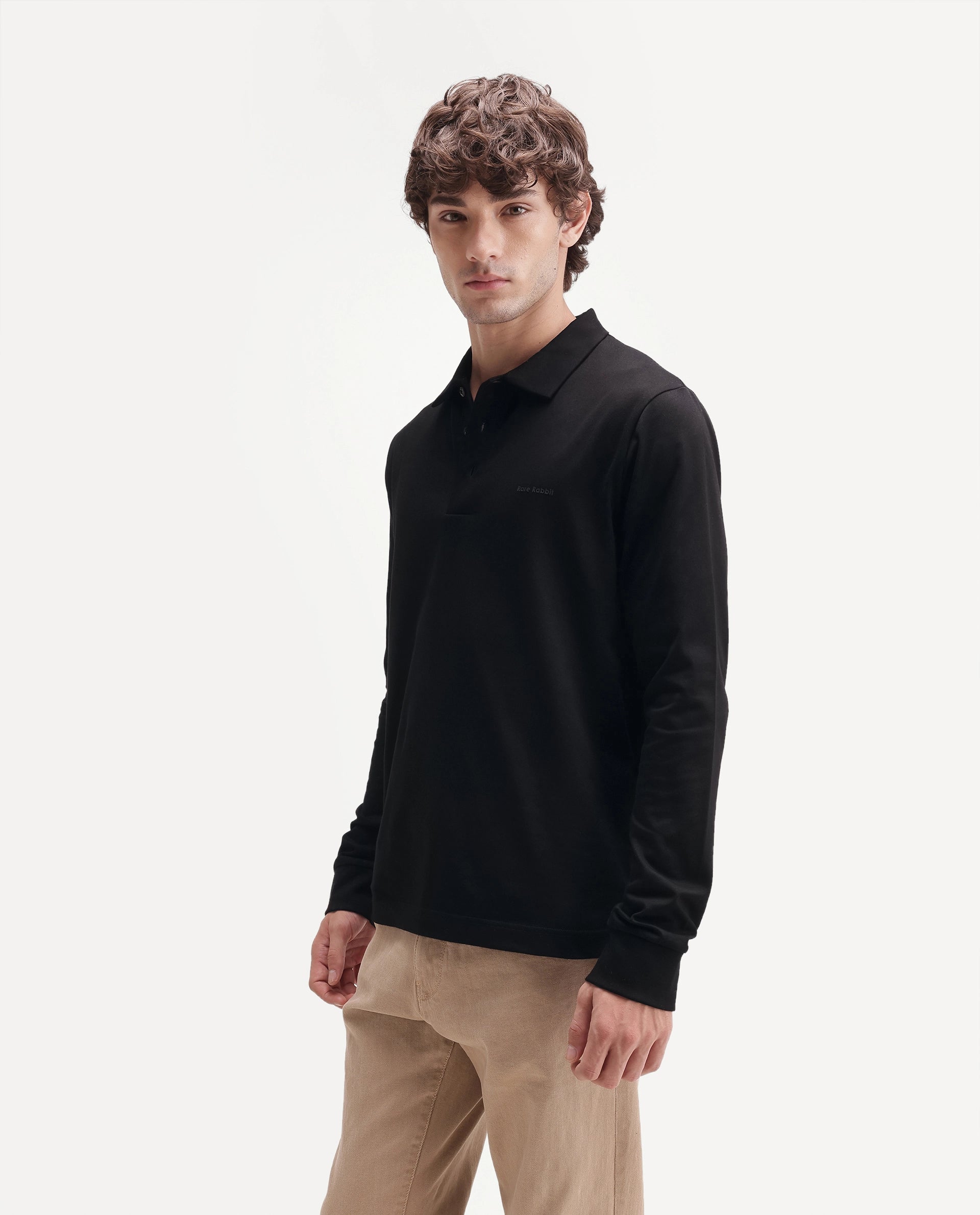 Rare Rabbit Men's Travo Black Cotton Spread Collar Regular Plain Polo
