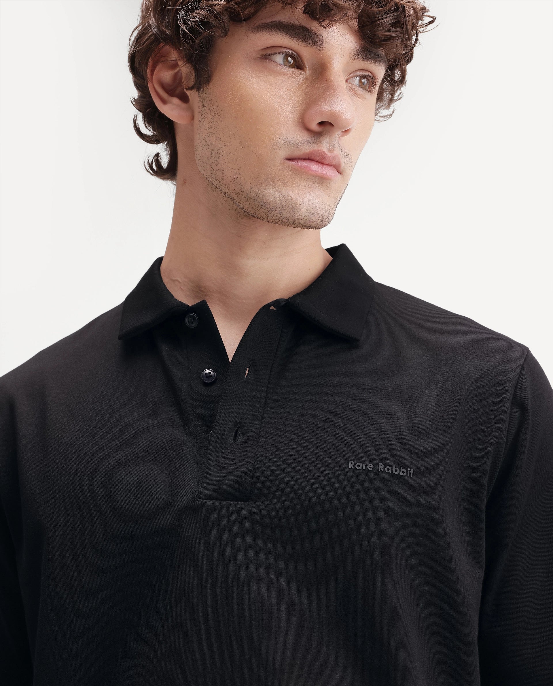 Rare Rabbit Men's Travo Black Cotton Spread Collar Regular Plain Polo