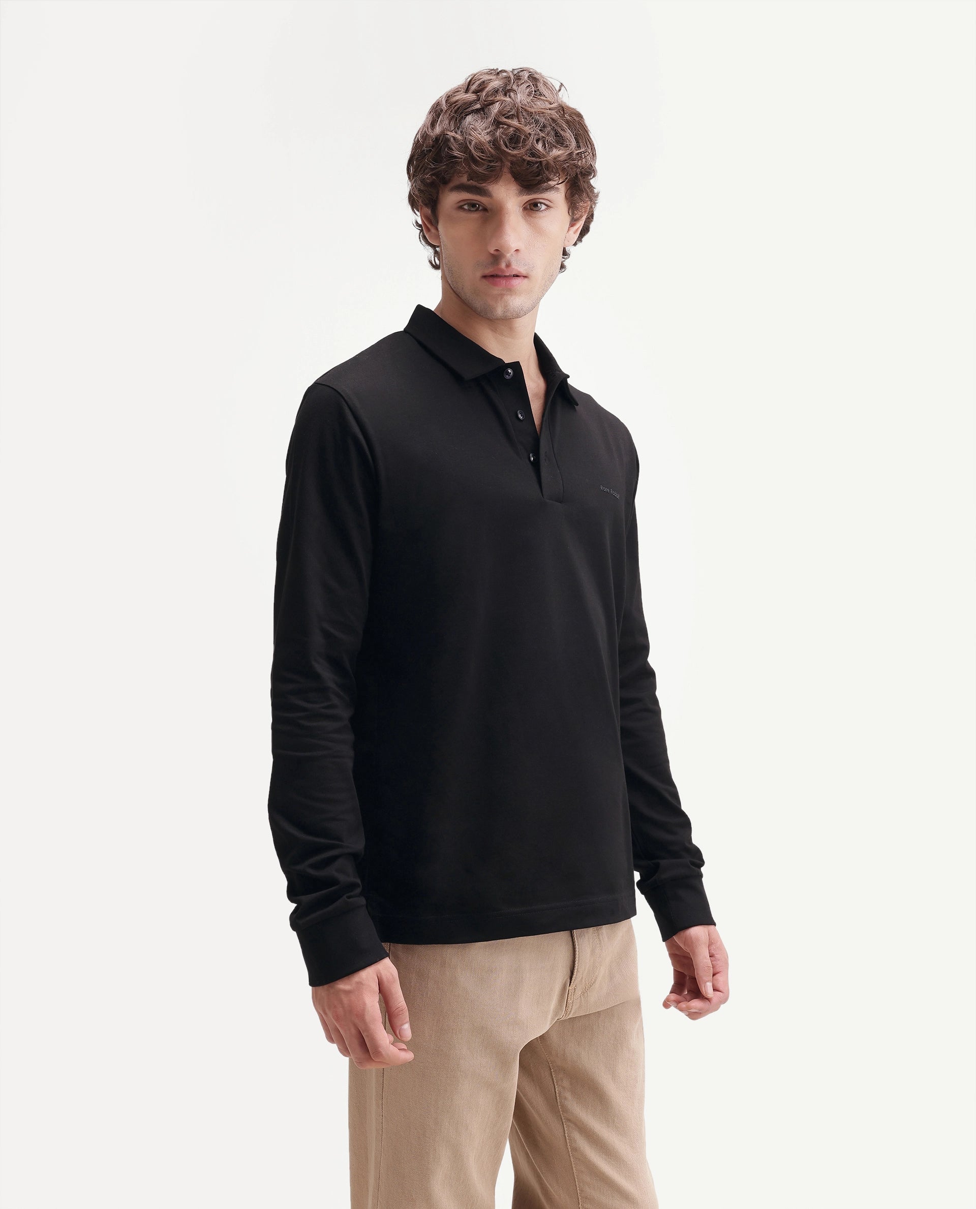 Rare Rabbit Men's Travo Black Cotton Spread Collar Regular Plain Polo