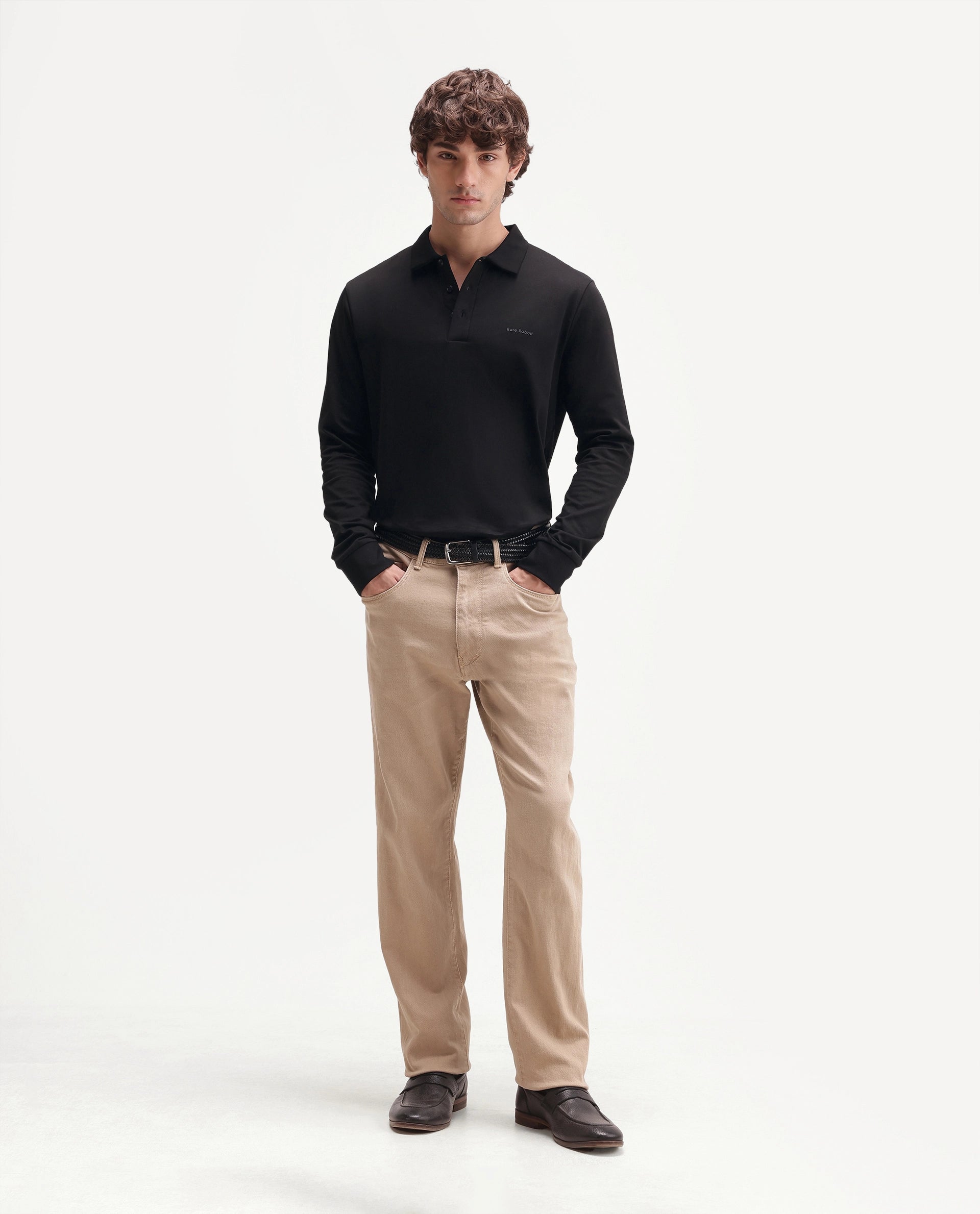Rare Rabbit Men's Travo Black Cotton Spread Collar Regular Plain Polo