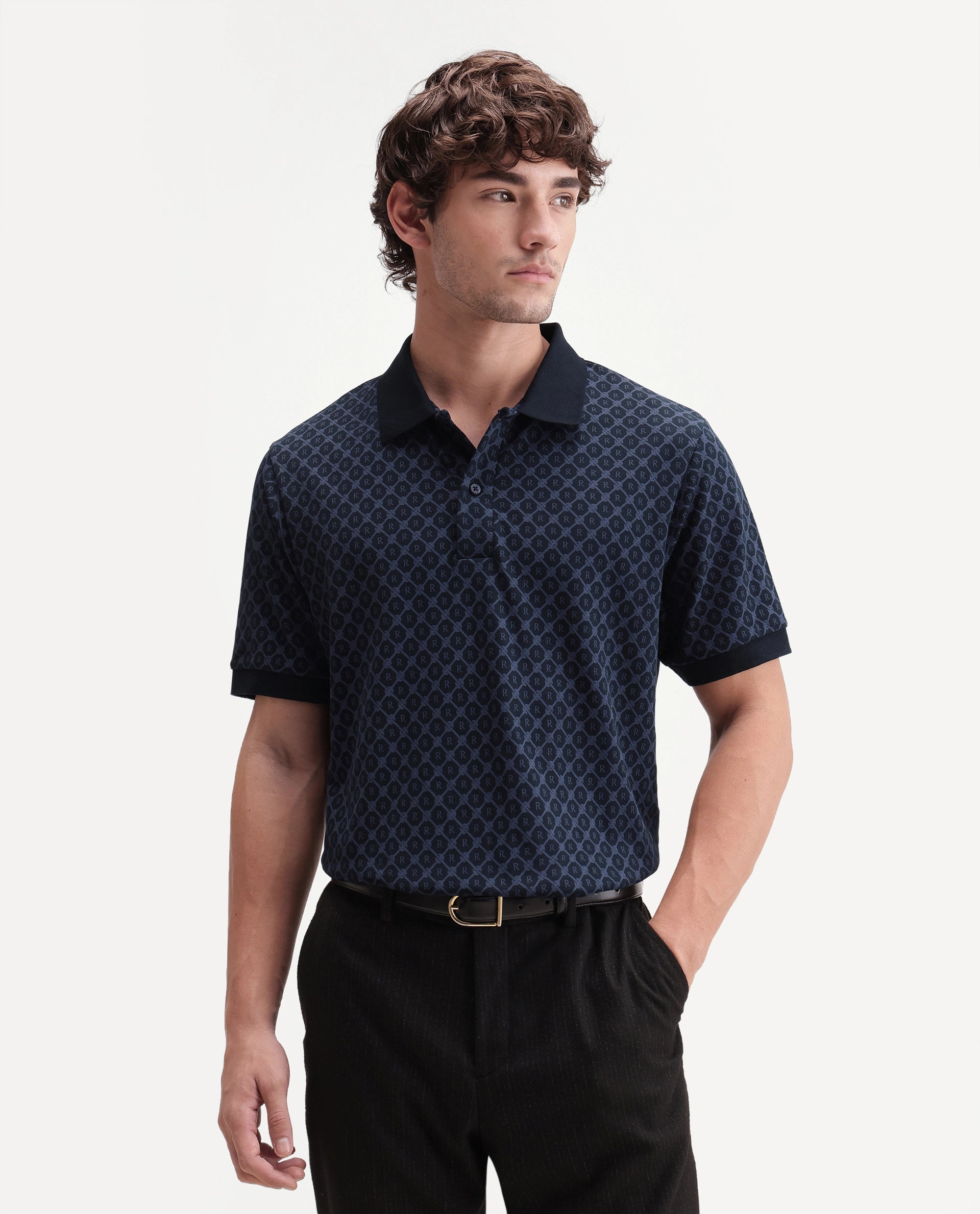 Rare Rabbit Men's Post-P Navy Cotton Blend Spread Collar Regular Monogram Print Polo