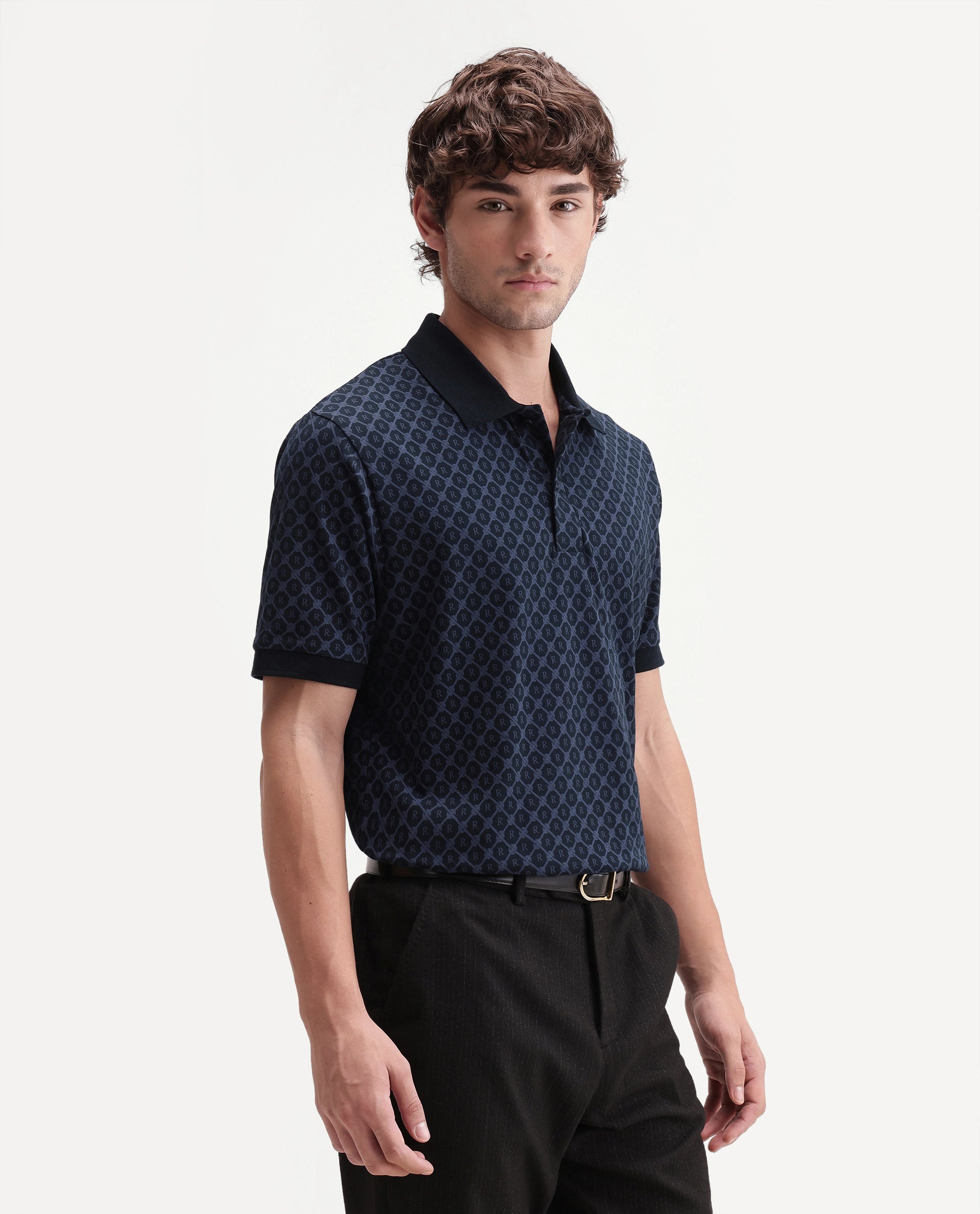 Rare Rabbit Men's Post-P Navy Cotton Blend Spread Collar Regular Monogram Print Polo