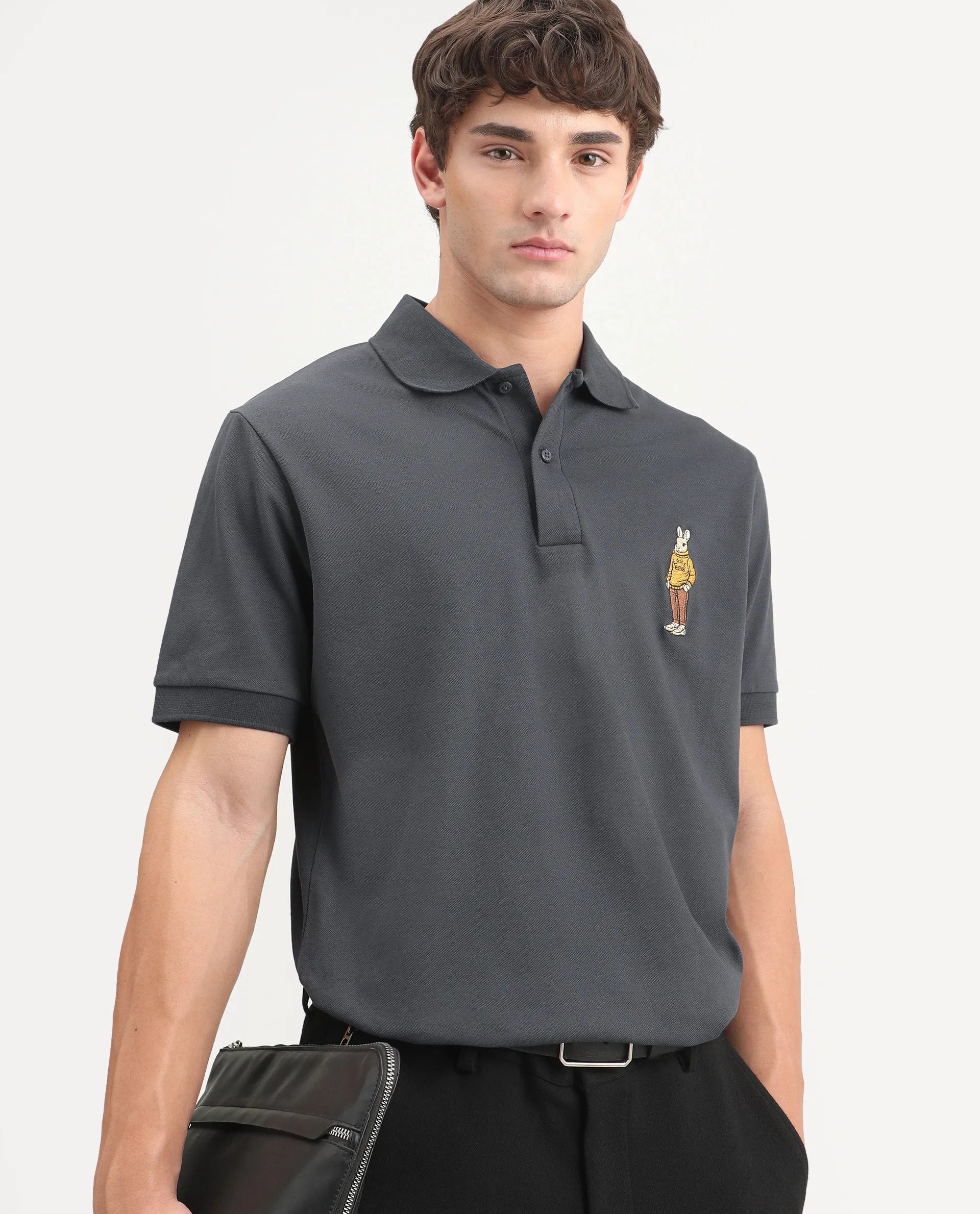 Rare Rabbit Men's Mascos Black Cotton Blend Spread Collar Regular Fit Embroidered Polo
