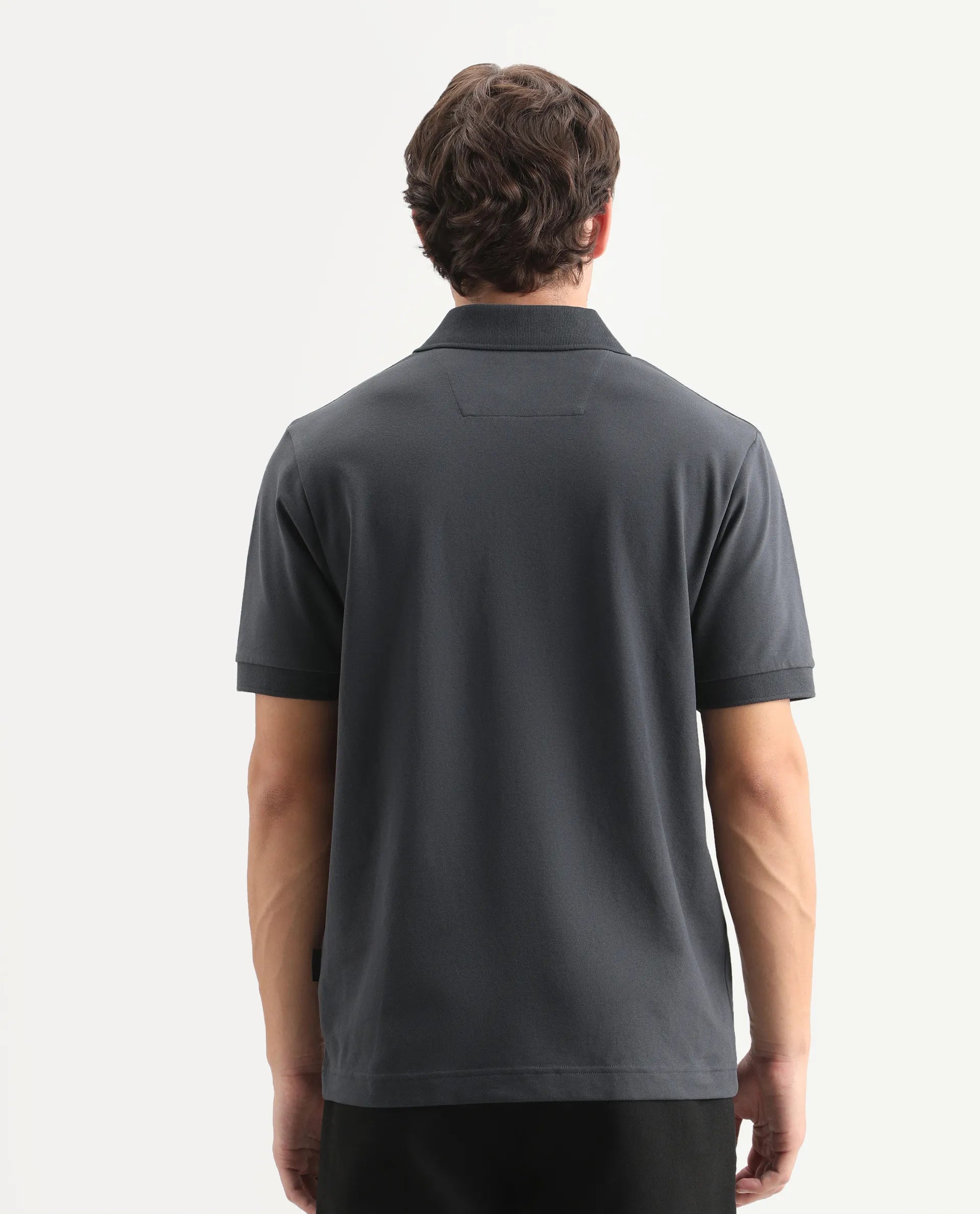 Rare Rabbit Men's Mascos Black Cotton Blend Spread Collar Regular Fit Embroidered Polo