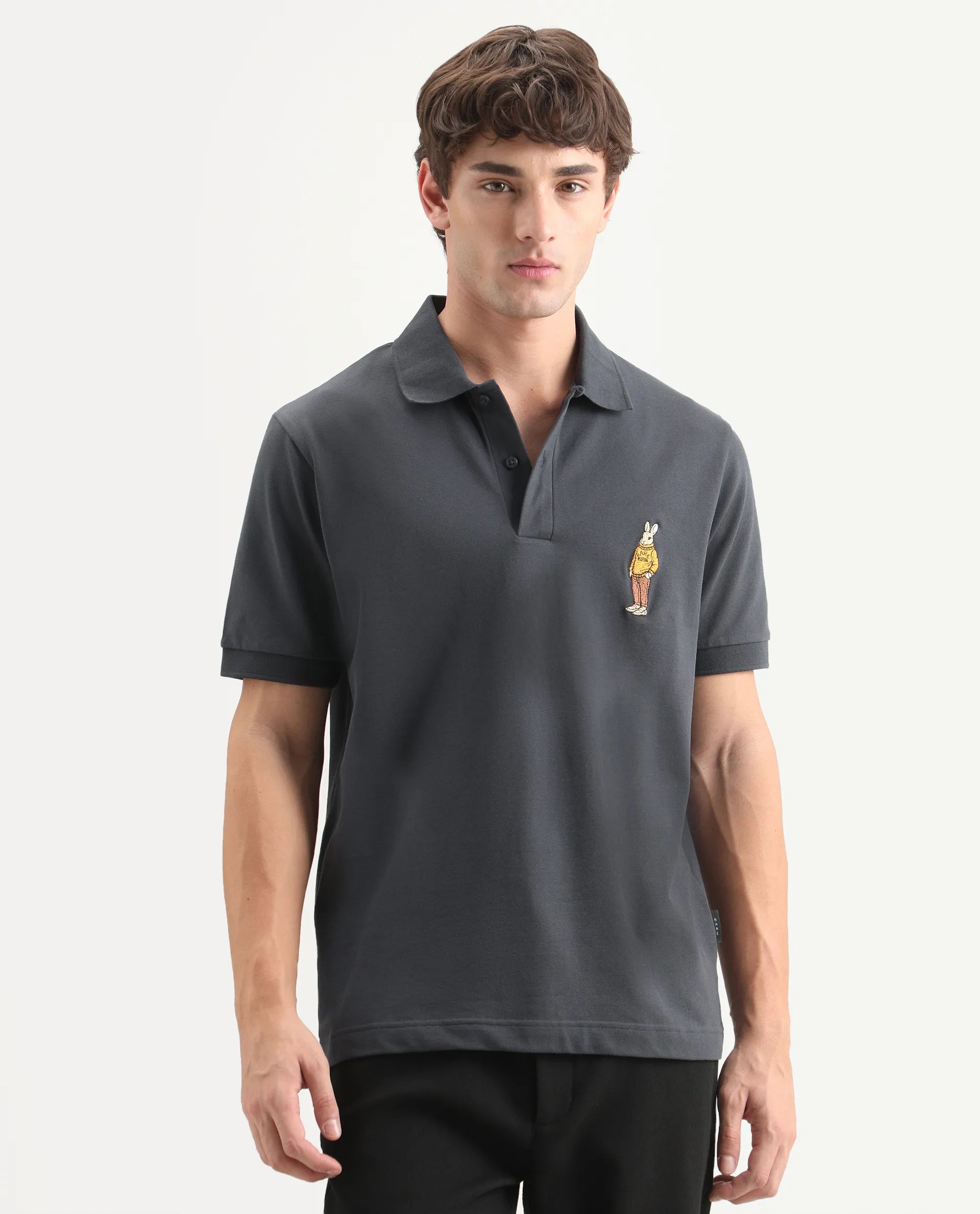 Rare Rabbit Men's Mascos Black Cotton Blend Spread Collar Regular Fit Embroidered Polo