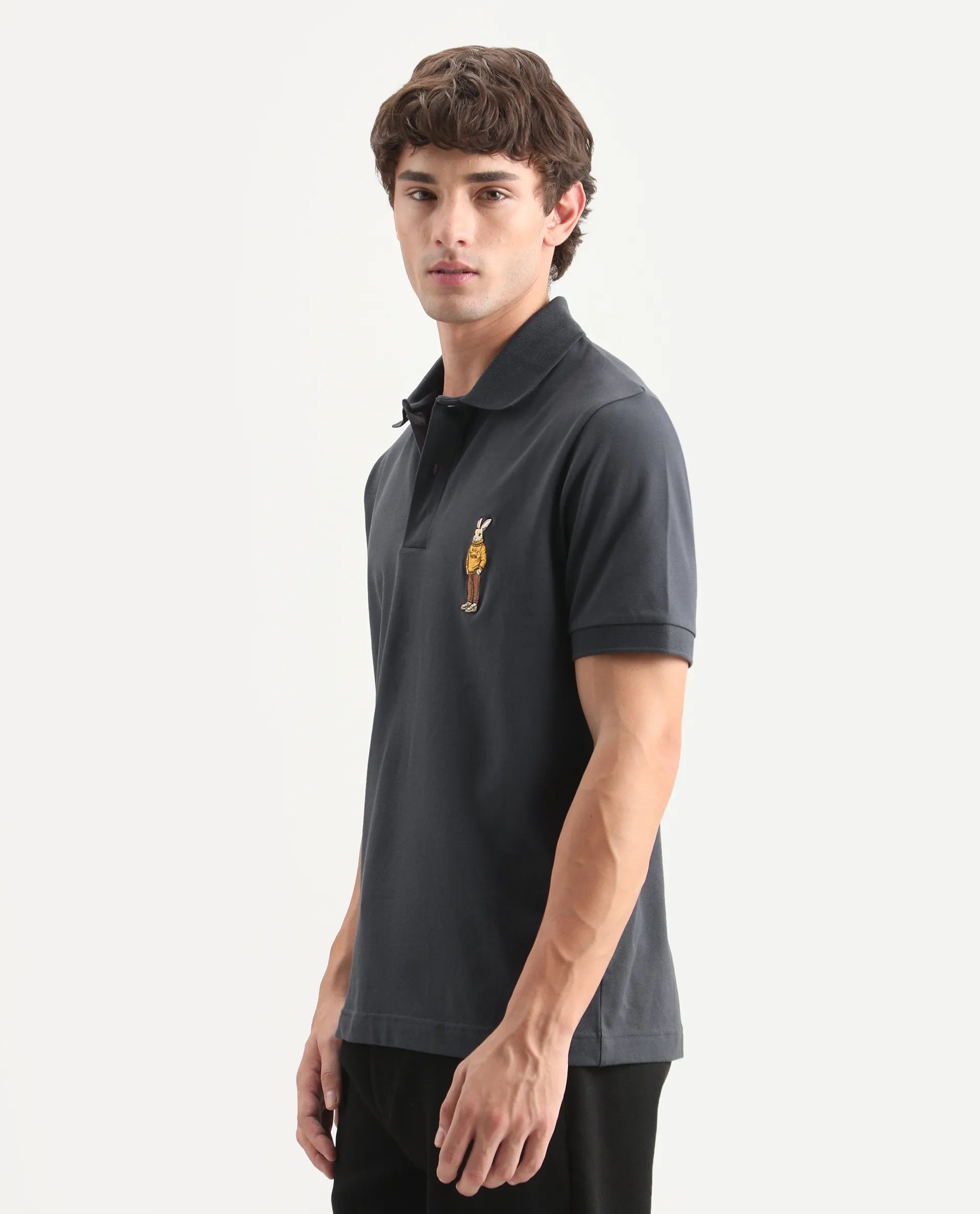 Rare Rabbit Men's Mascos Black Cotton Blend Spread Collar Regular Fit Embroidered Polo
