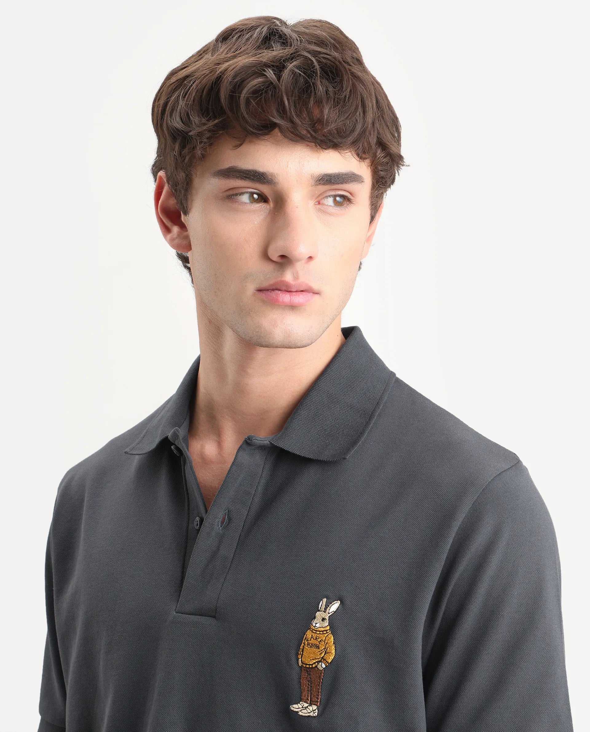Rare Rabbit Men's Mascos Black Cotton Blend Spread Collar Regular Fit Embroidered Polo
