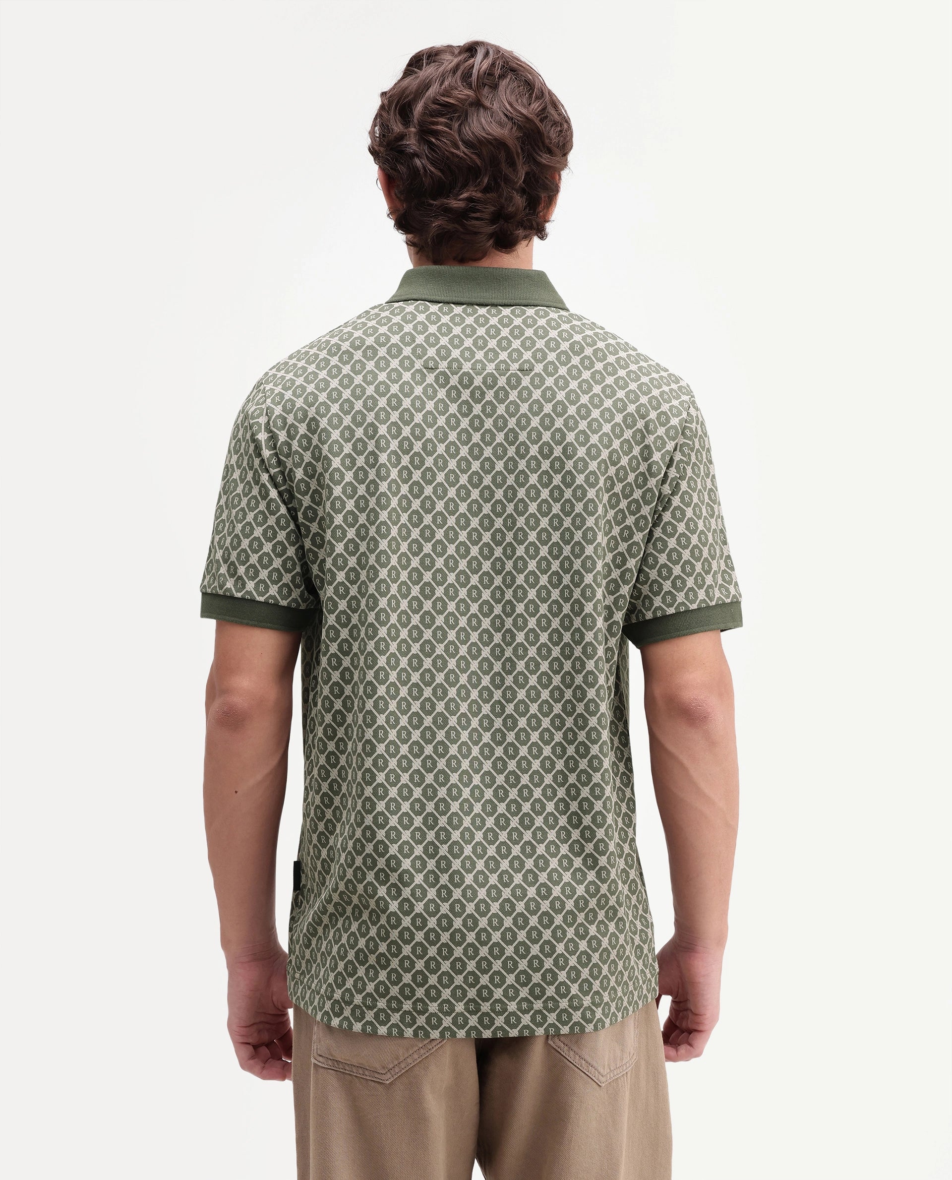 Rare Rabbit Men's Post-P Olive Cotton Blend Spread Collar Regular Monogram Print Polo