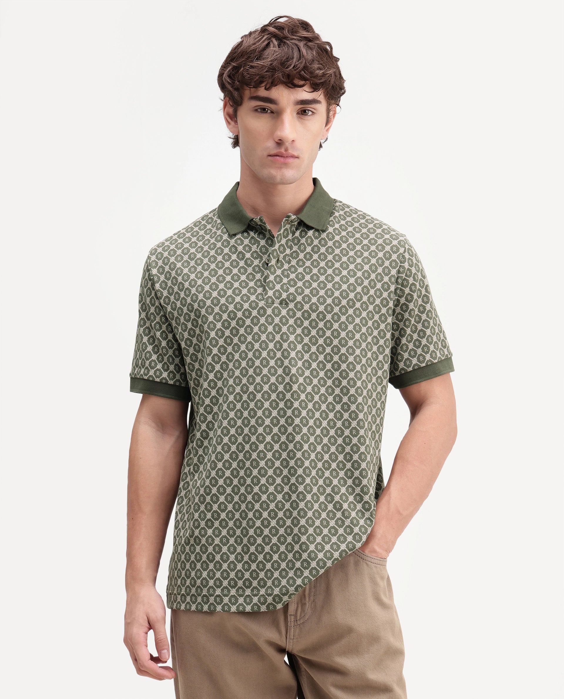 Rare Rabbit Men's Post-P Olive Cotton Blend Spread Collar Regular Monogram Print Polo