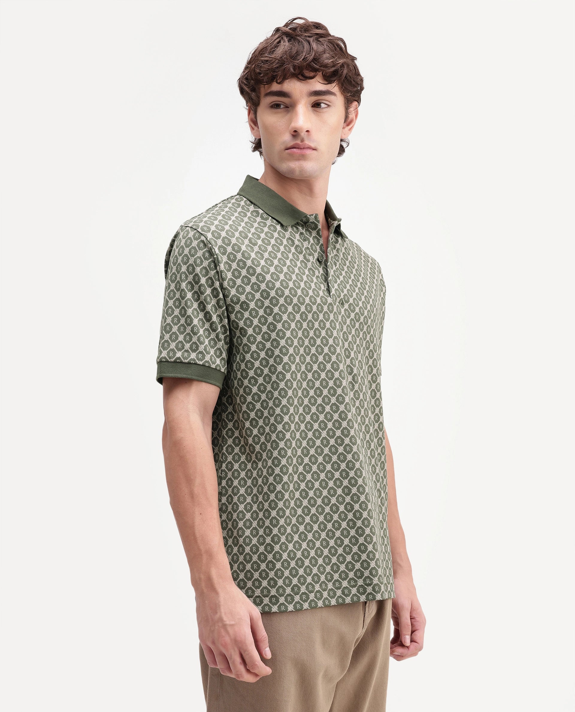 Rare Rabbit Men's Post-P Olive Cotton Blend Spread Collar Regular Monogram Print Polo