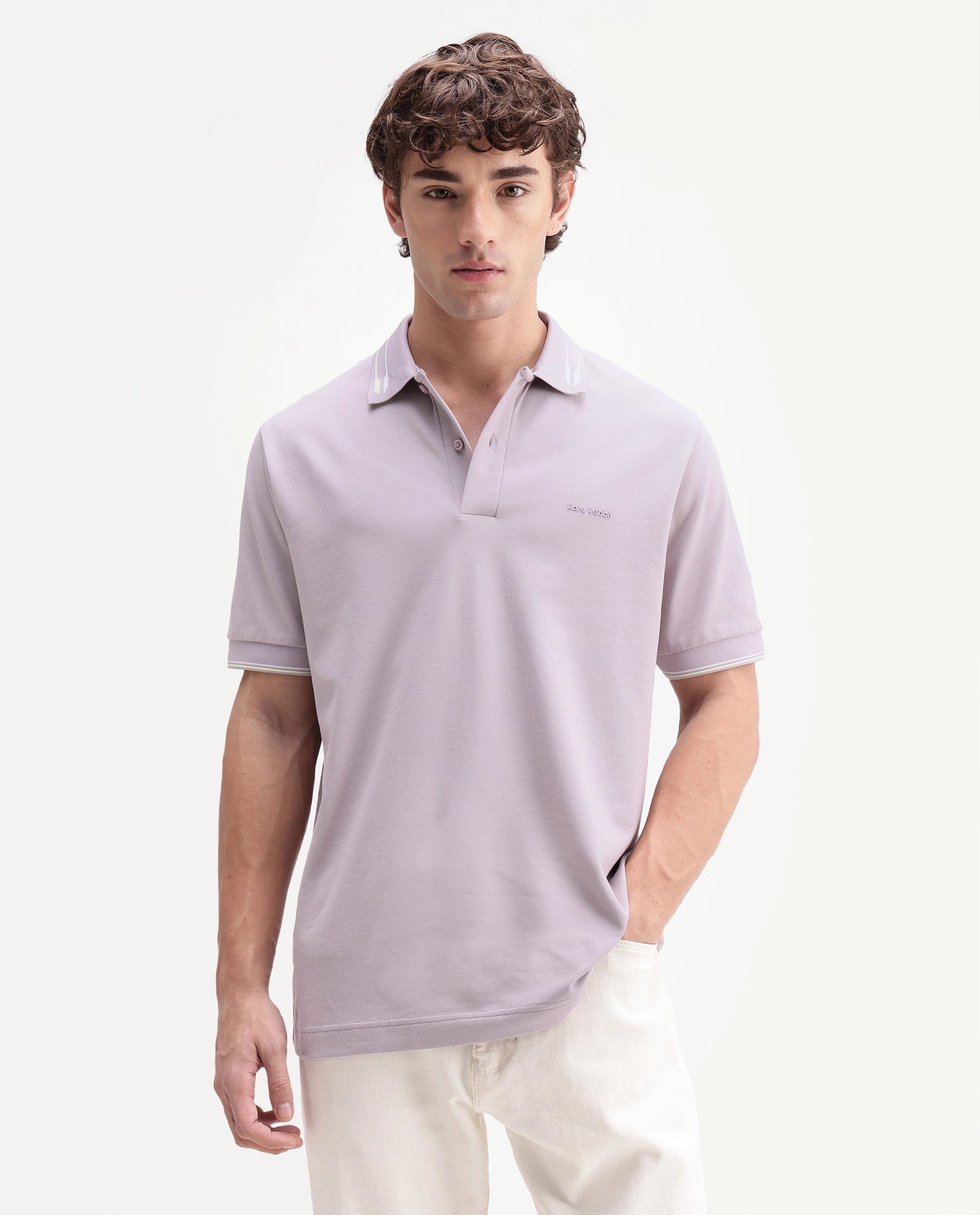 Rare Rabbit Men's Elank Light Purple Cotton Blend Spread Collar Regular Plain Polo
