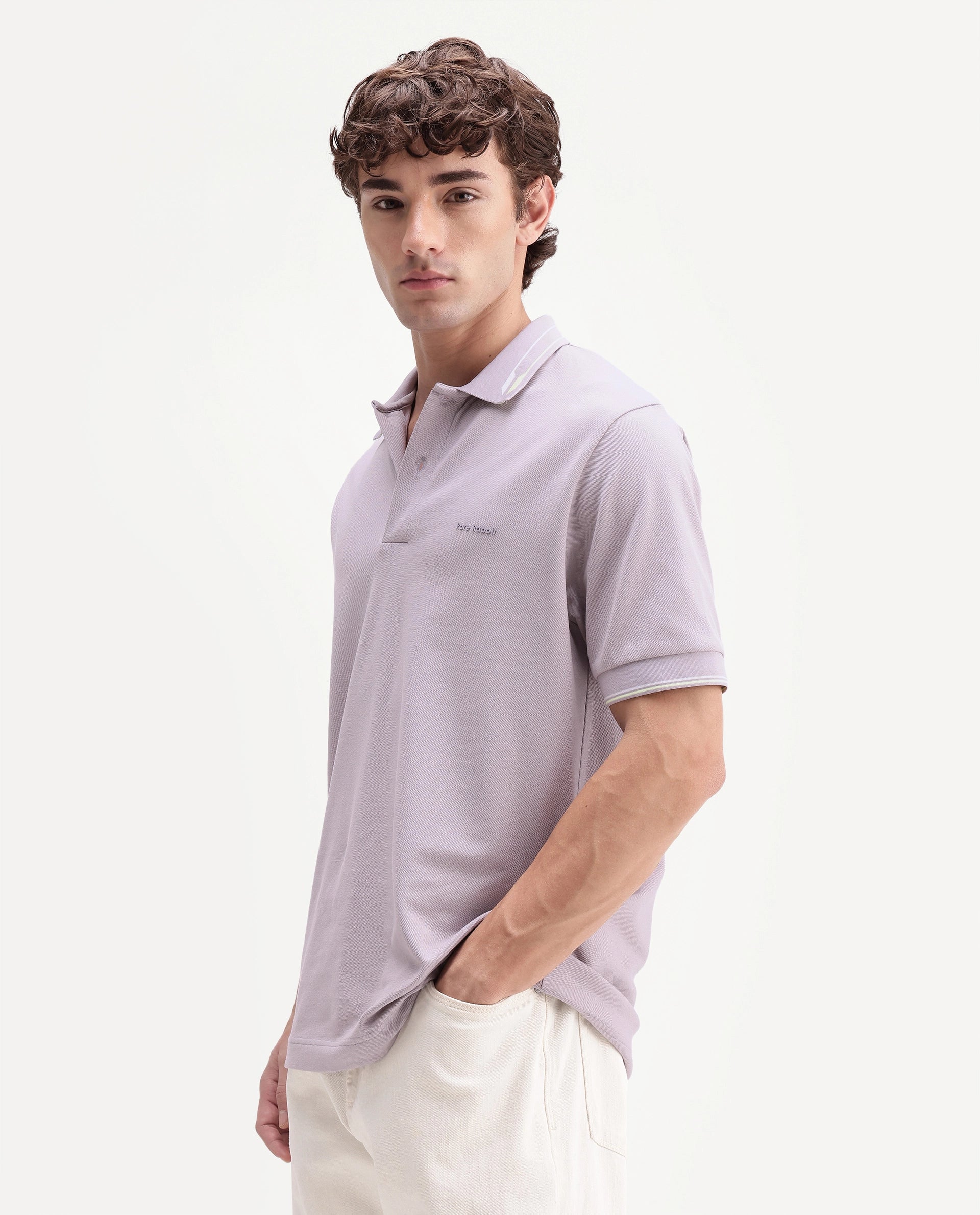 Rare Rabbit Men's Elank Light Purple Cotton Blend Spread Collar Regular Plain Polo