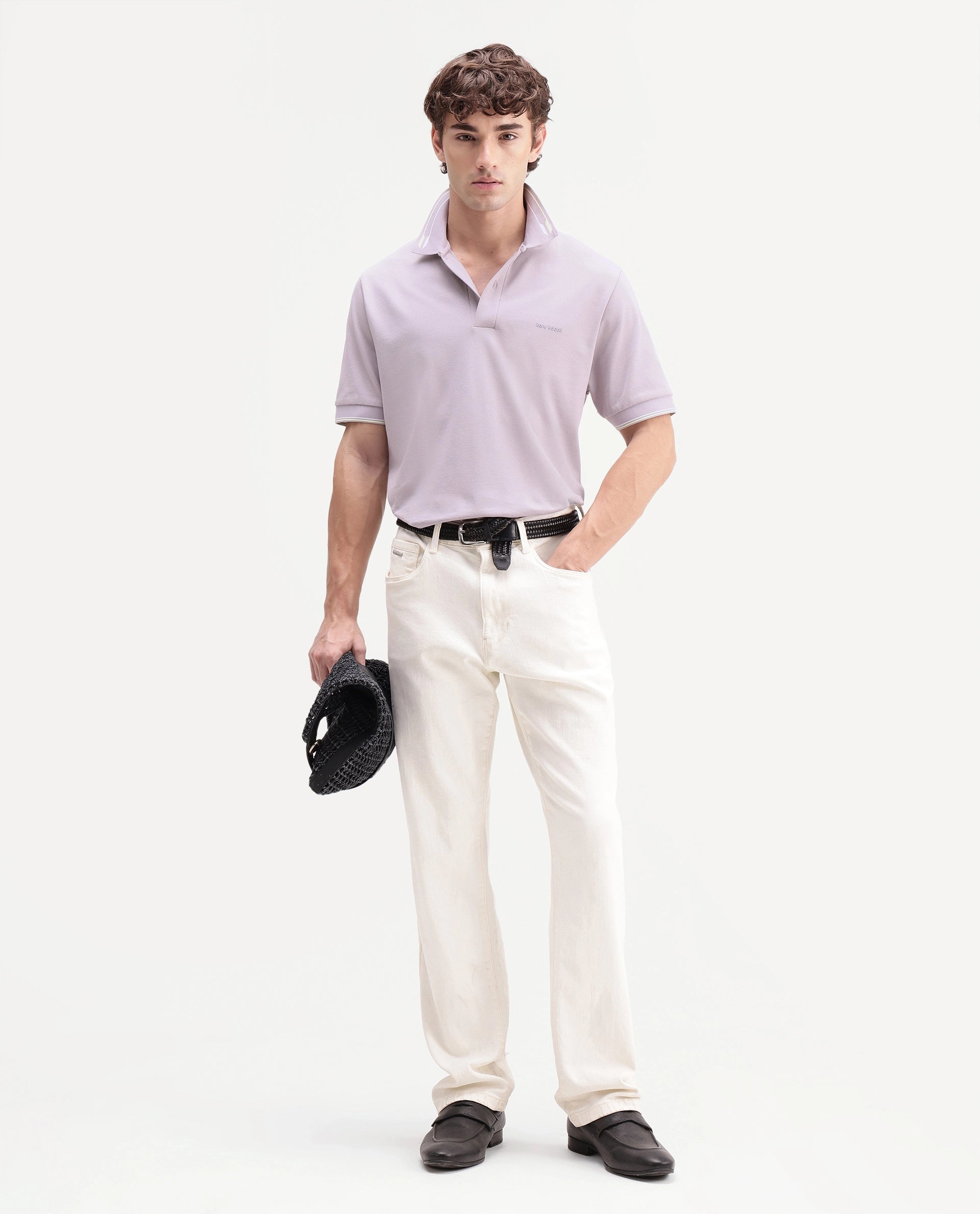 Rare Rabbit Men's Elank Light Purple Cotton Blend Spread Collar Regular Plain Polo