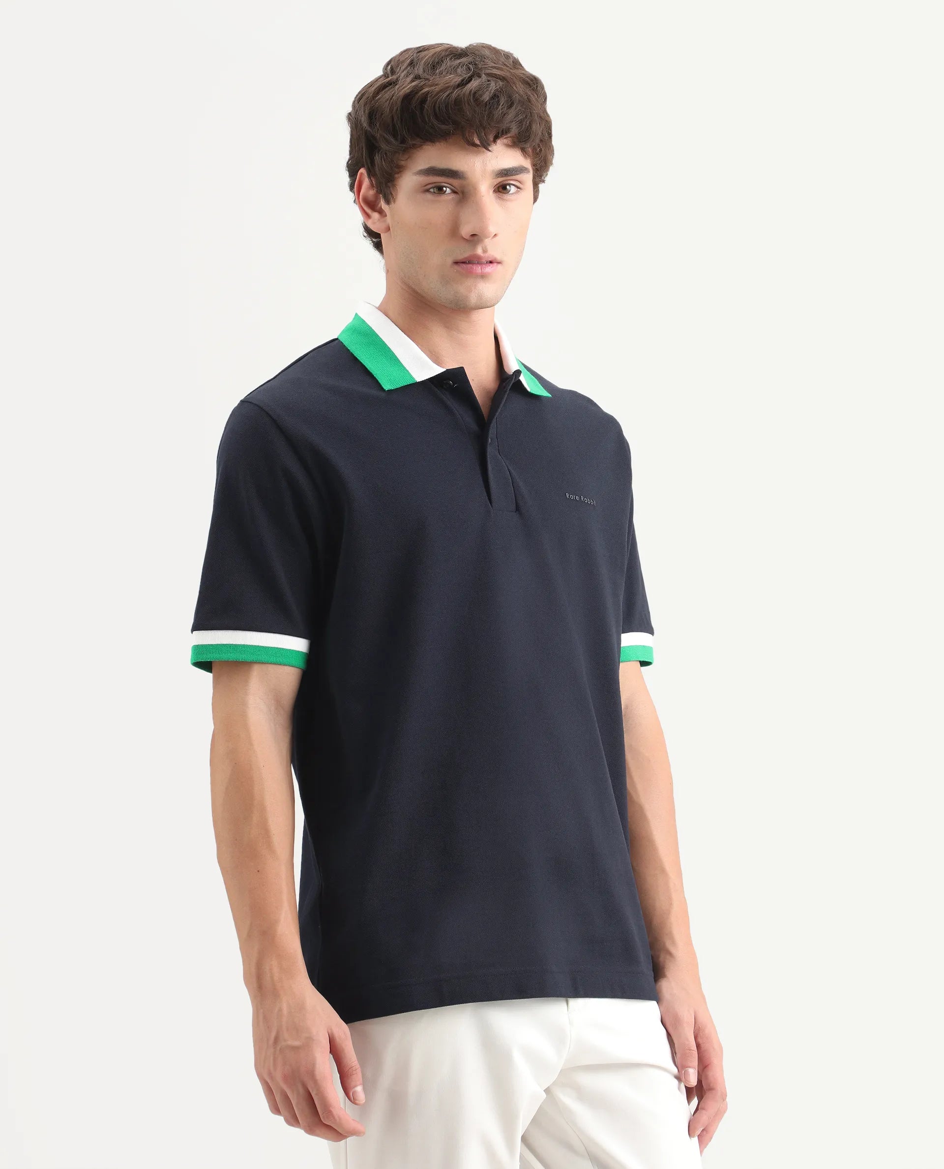 Rare Rabbit Men's Nilo Navy Cotton Spread Collar Button Regular Fit Plain Polo