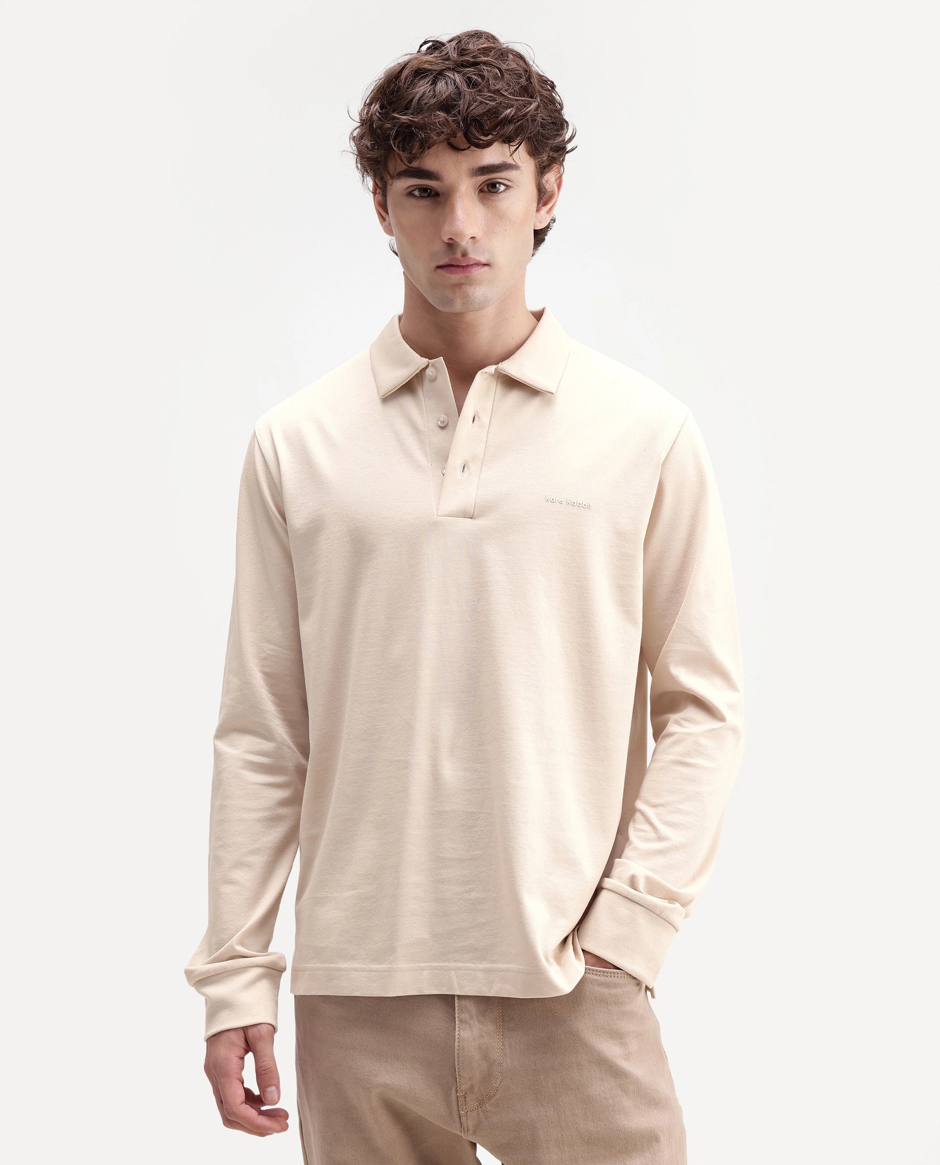 Rare Rabbit Men's Travo Beige Cotton Spread Collar Regular Plain Polo
