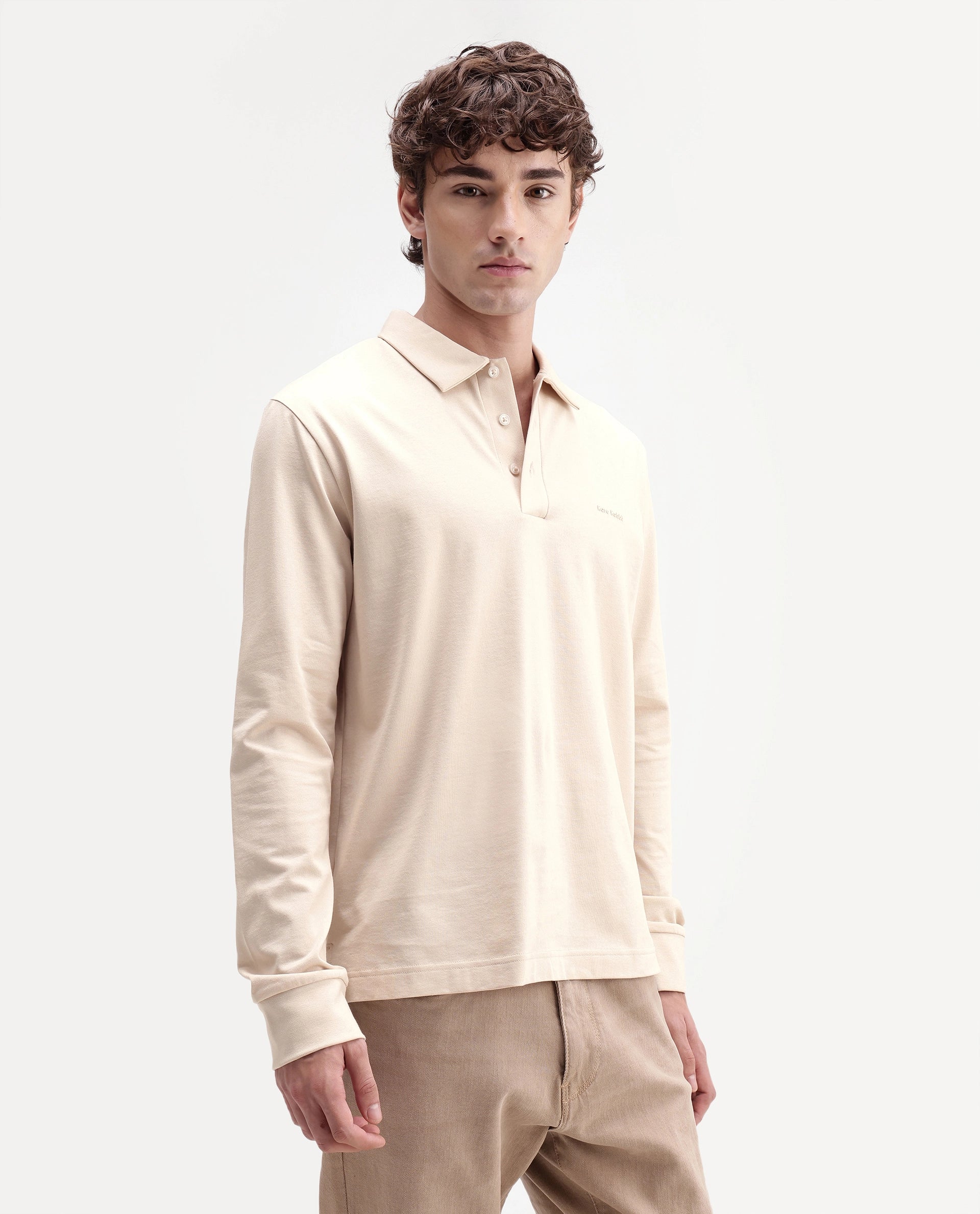 Rare Rabbit Men's Travo Beige Cotton Spread Collar Regular Plain Polo