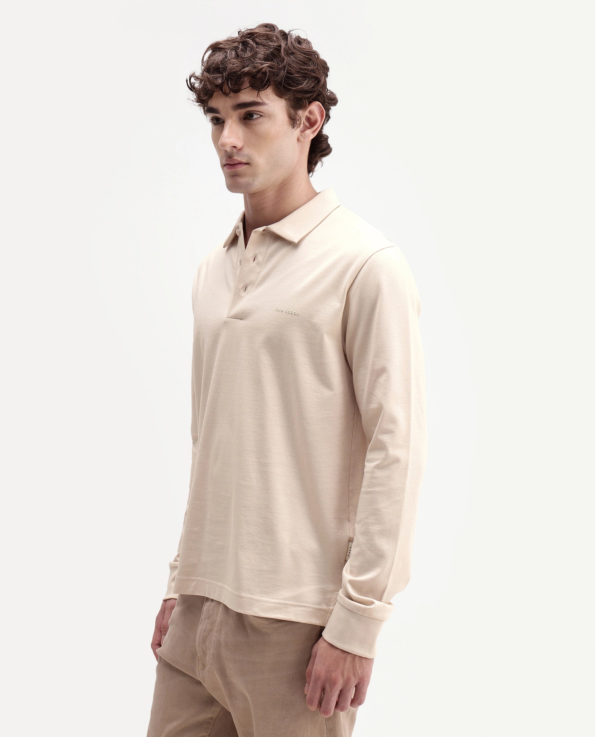 Rare Rabbit Men's Travo Beige Cotton Spread Collar Regular Plain Polo