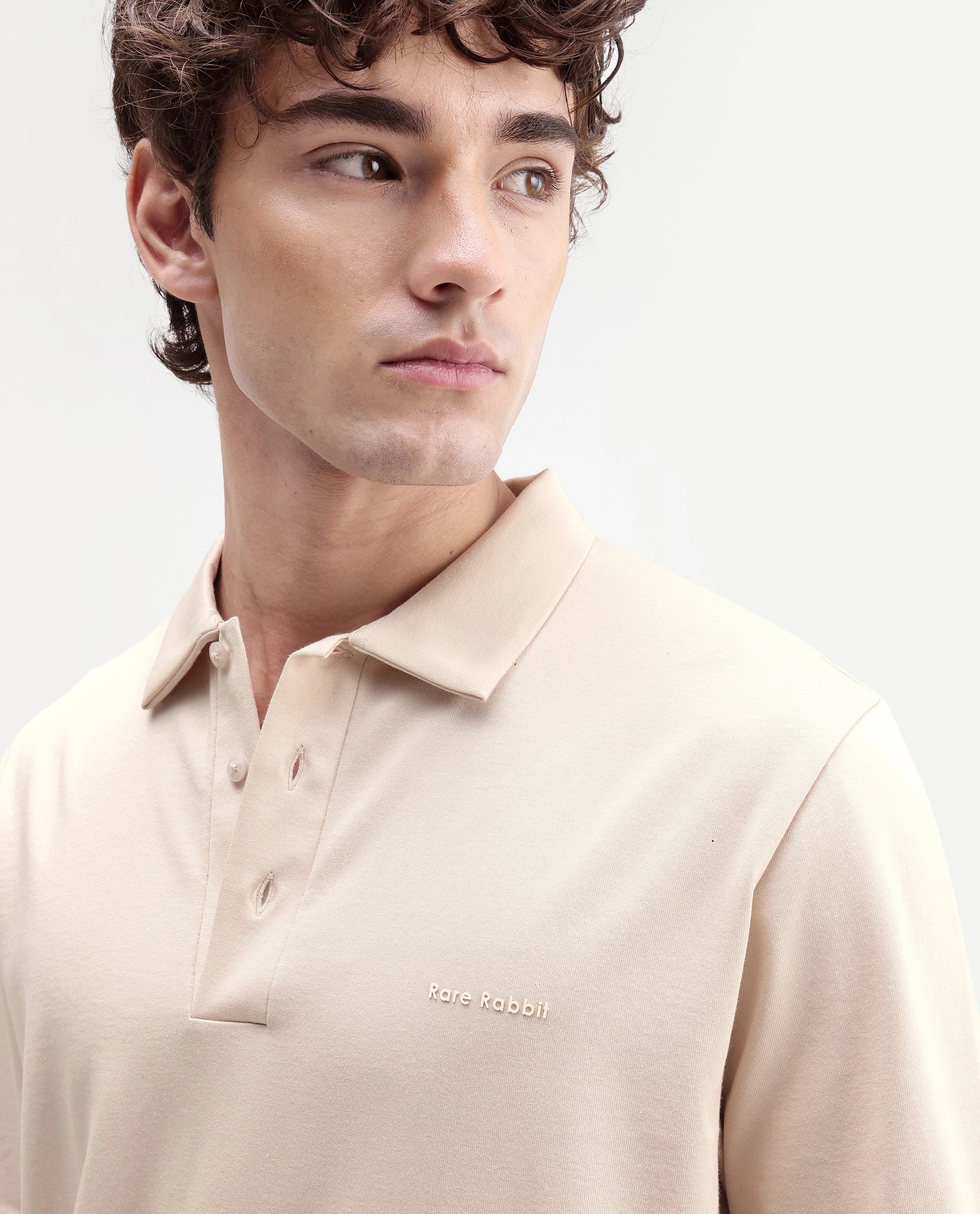 Rare Rabbit Men's Travo Beige Cotton Spread Collar Regular Plain Polo
