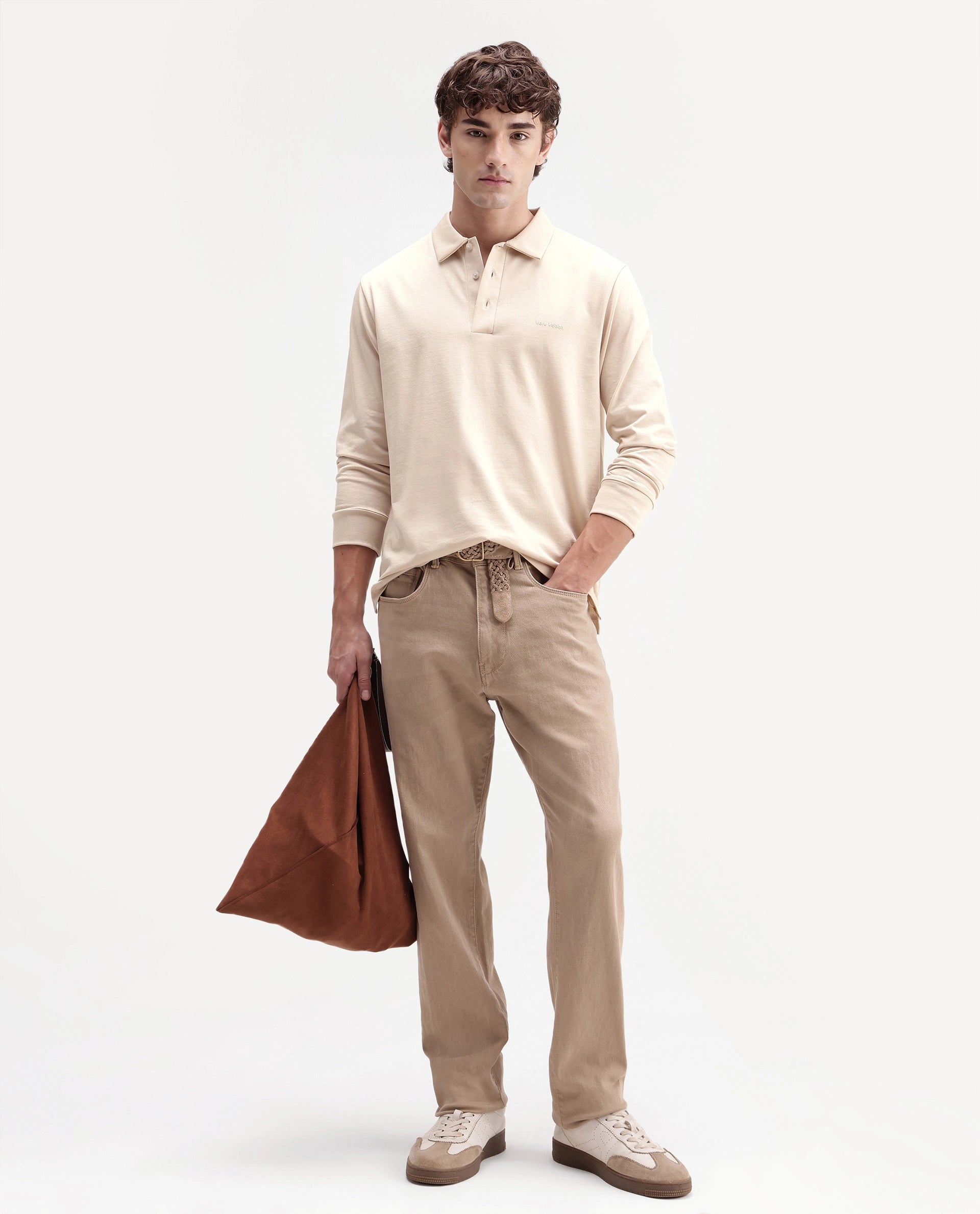 Rare Rabbit Men's Travo Beige Cotton Spread Collar Regular Plain Polo
