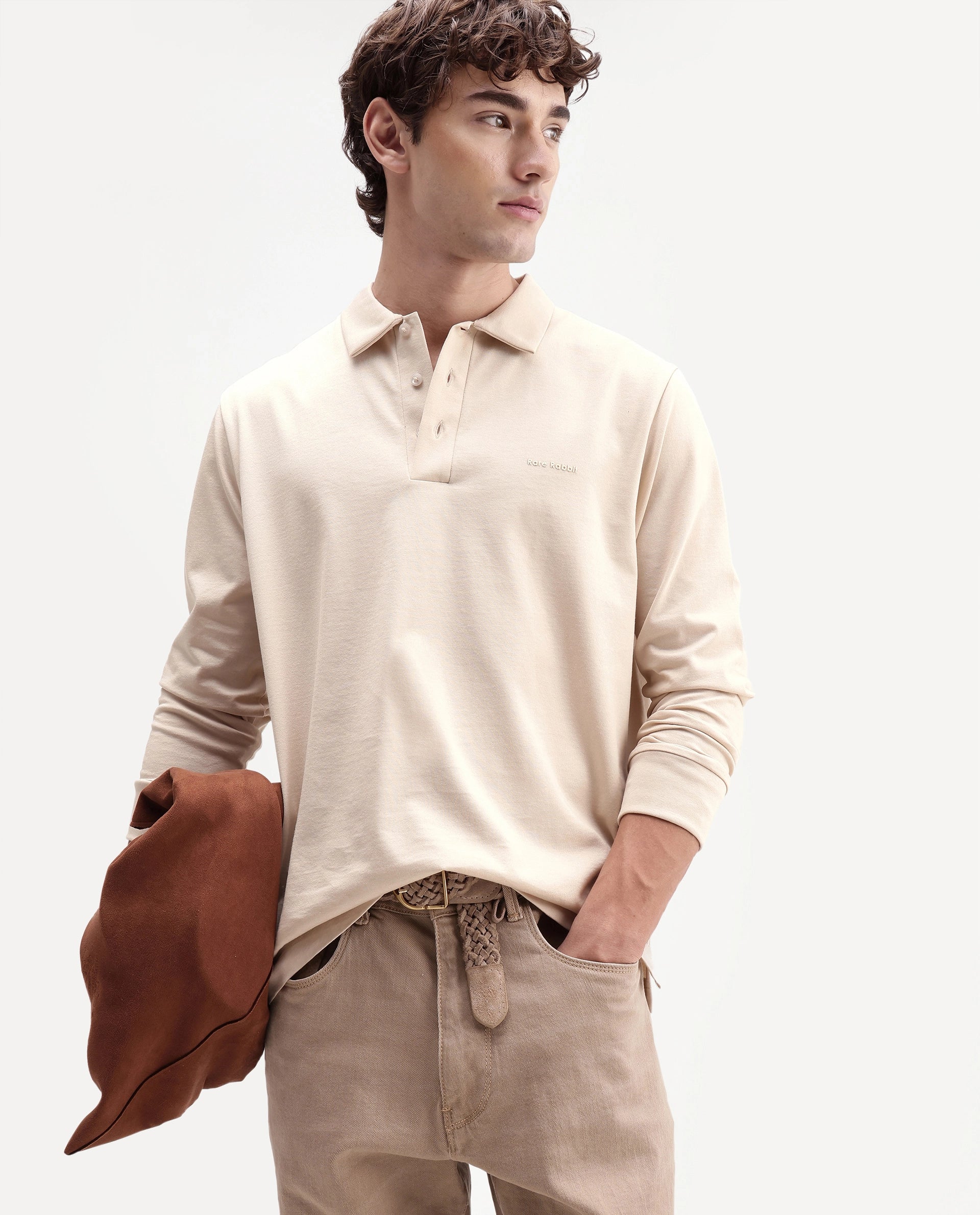 Rare Rabbit Men's Travo Beige Cotton Spread Collar Regular Plain Polo