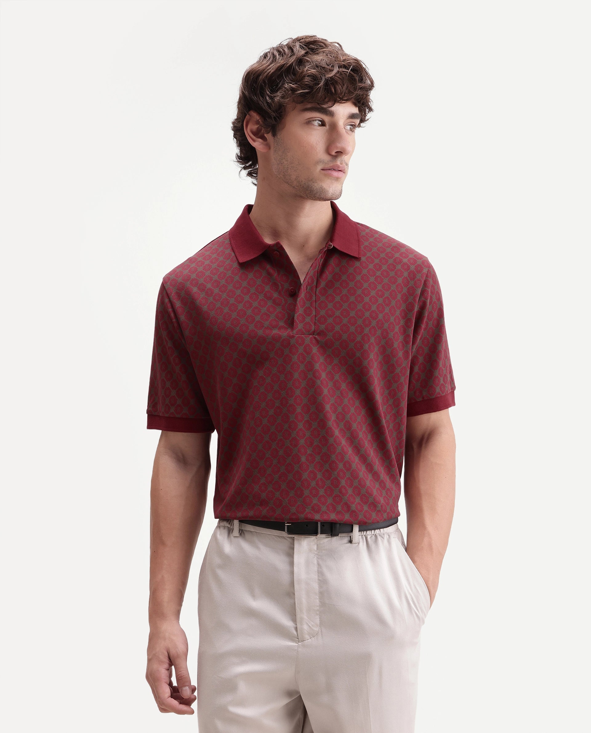 Rare Rabbit Men's Post-P Dark Red Cotton Blend Spread Collar Regular Monogram Print Polo