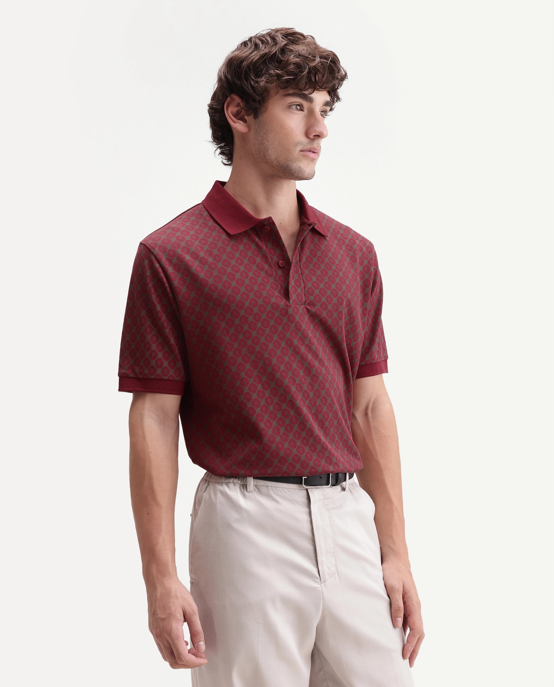 Rare Rabbit Men's Post-P Dark Red Cotton Blend Spread Collar Regular Monogram Print Polo