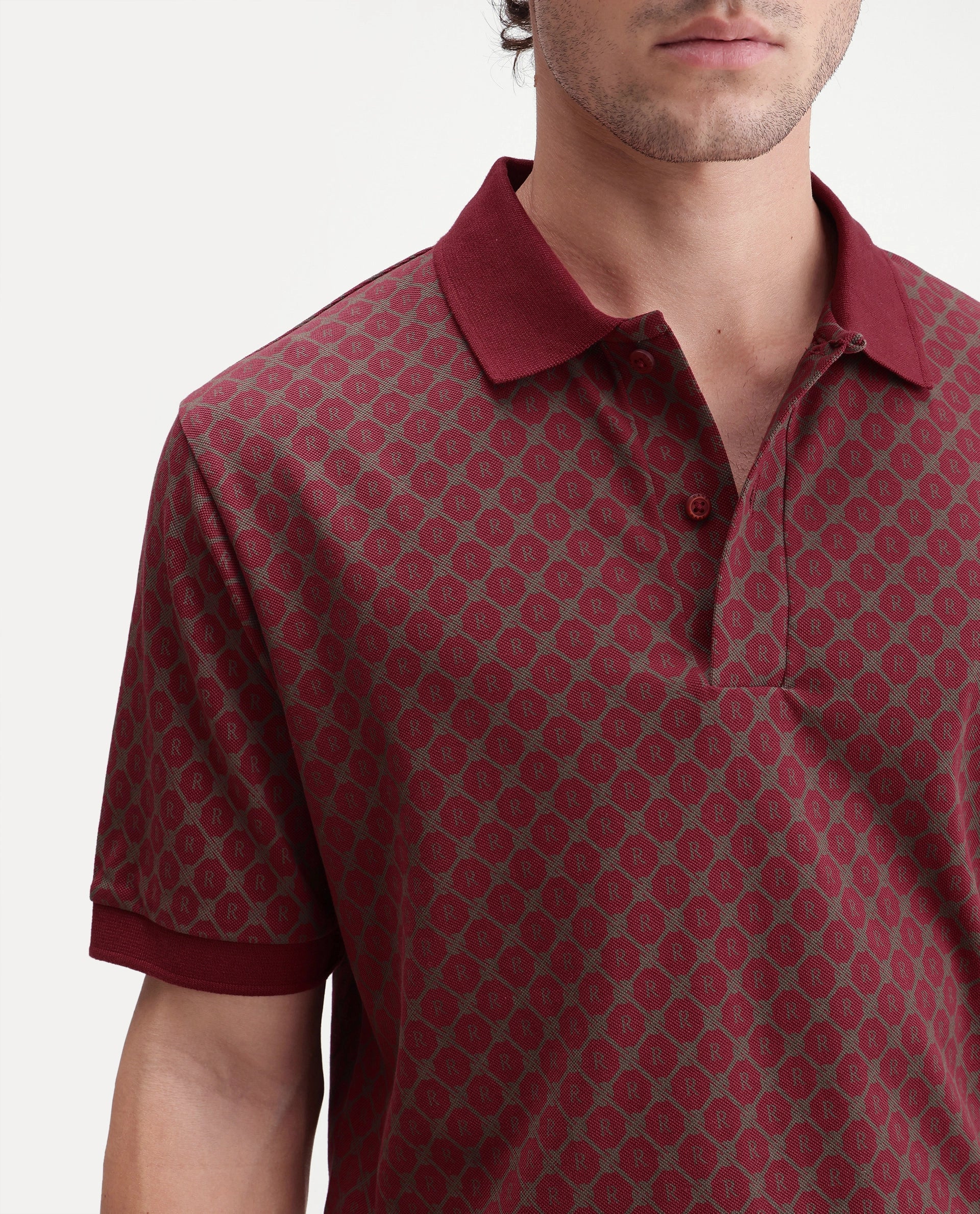 Rare Rabbit Men's Post-P Dark Red Cotton Blend Spread Collar Regular Monogram Print Polo