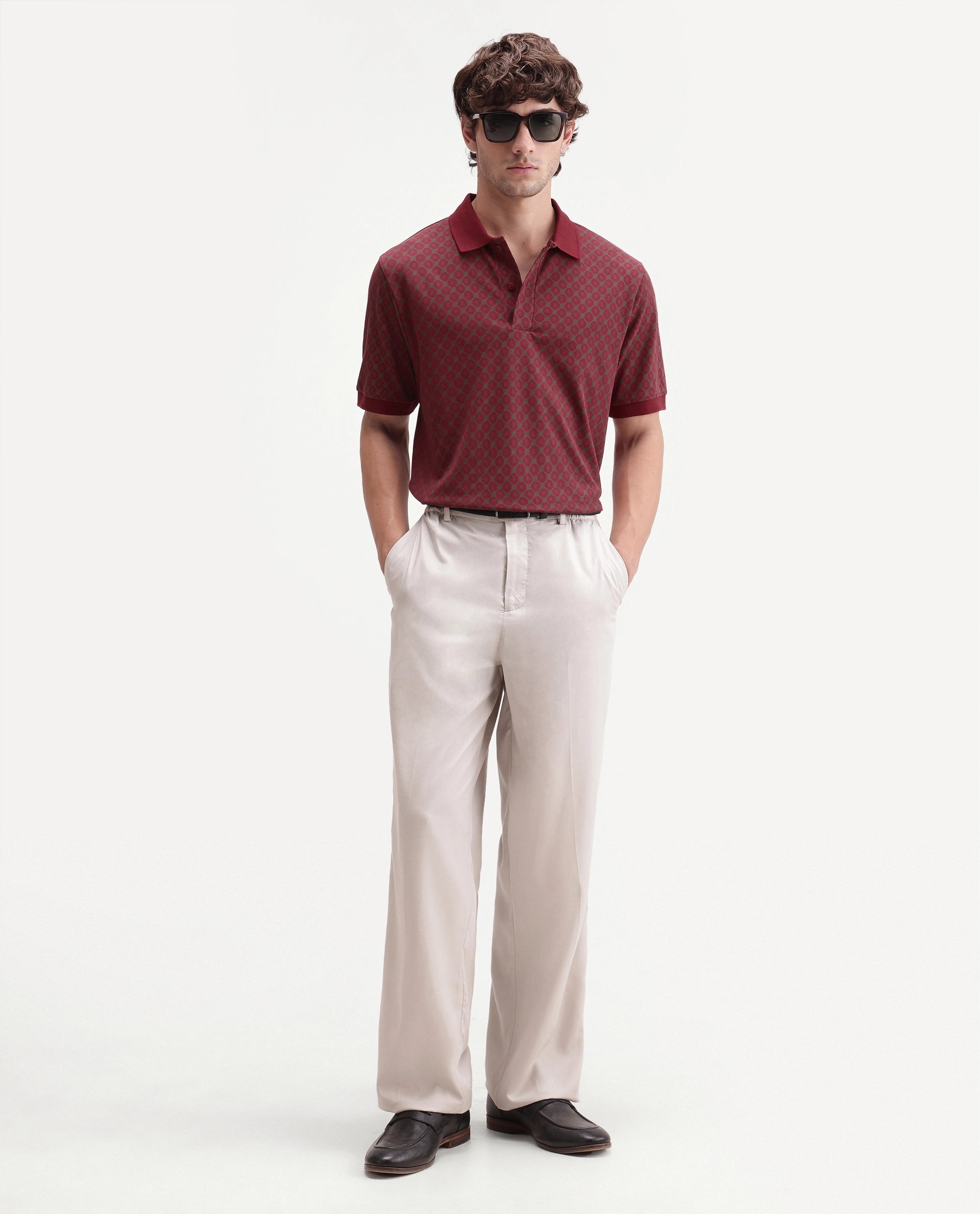 Rare Rabbit Men's Post-P Dark Red Cotton Blend Spread Collar Regular Monogram Print Polo