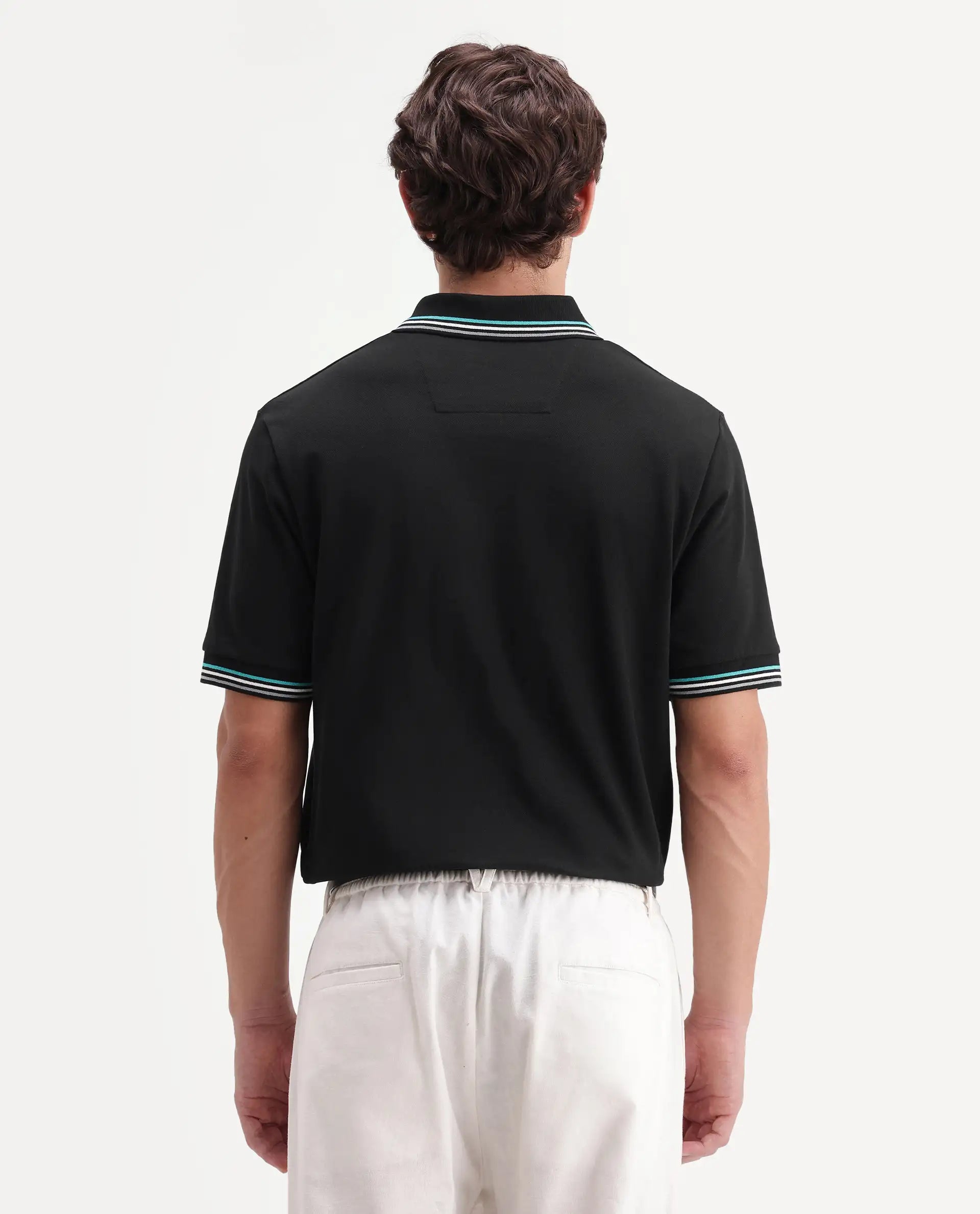 Rare Rabbit Men's Dren Black Cotton Blend Spread Collar Regular Plain Polo