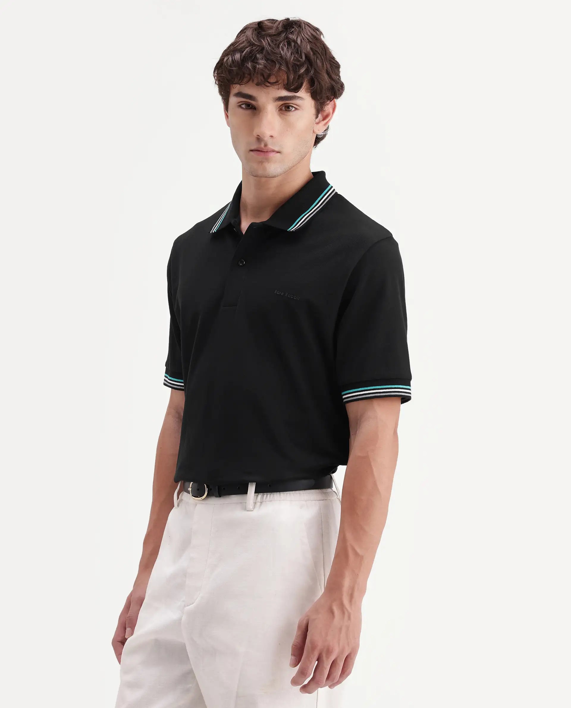 Rare Rabbit Men's Dren Black Cotton Blend Spread Collar Regular Plain Polo