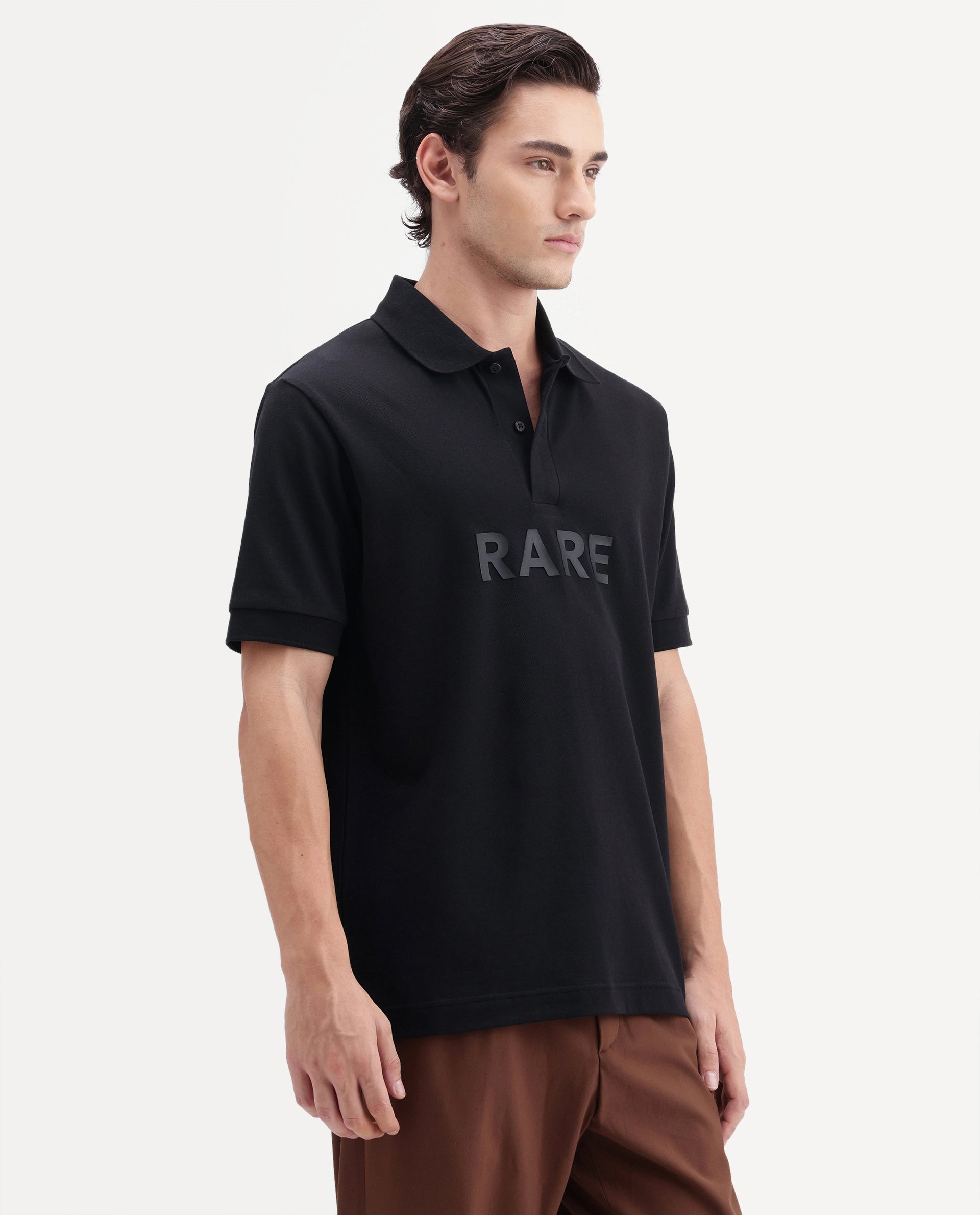 Rare Rabbit Men's Gael Black Cotton Blend Spread Collar Regular Graphic Print Polo