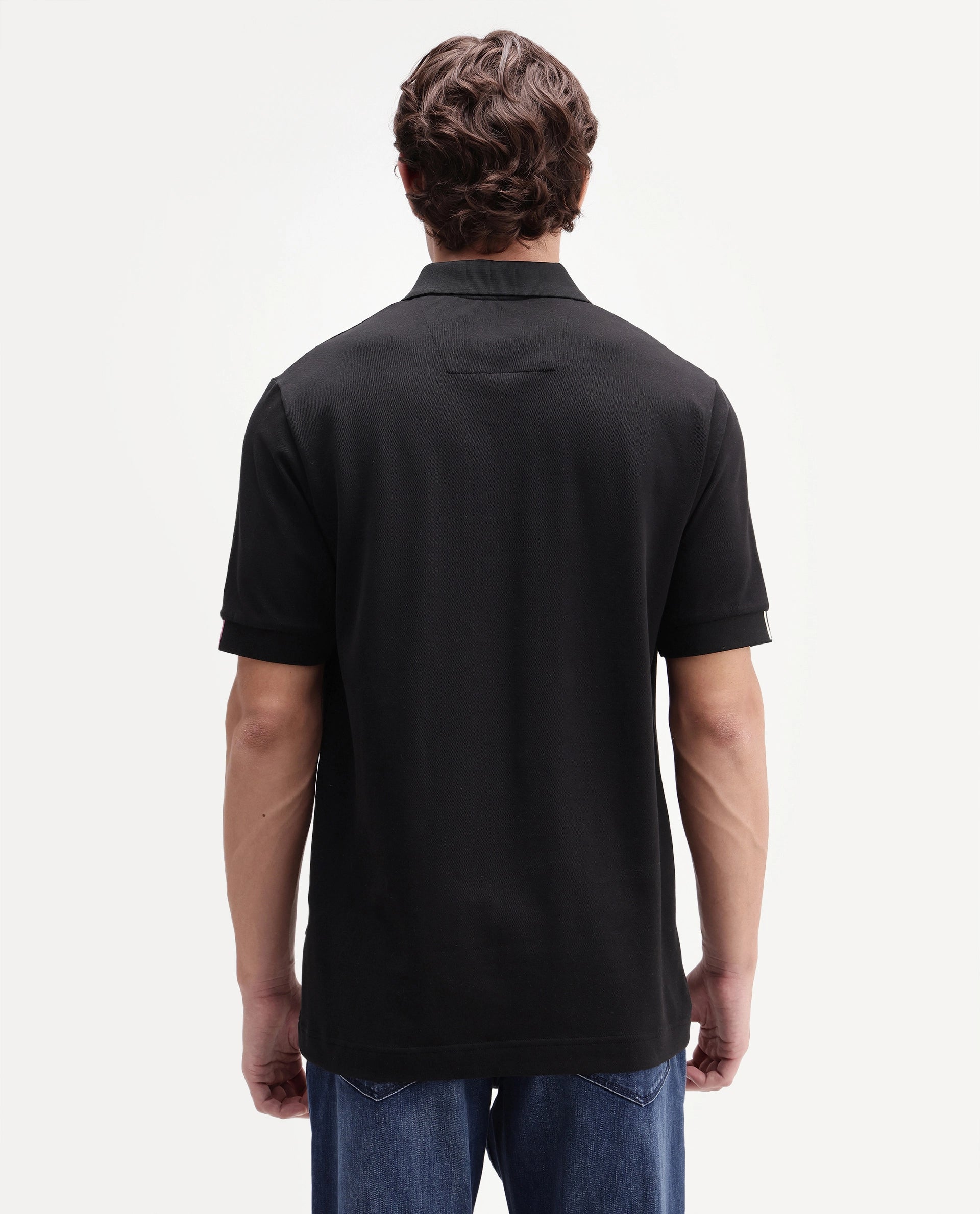 Rare Rabbit Men's Eris Black Cotton Blend Spread Collar Regular Plain Polo