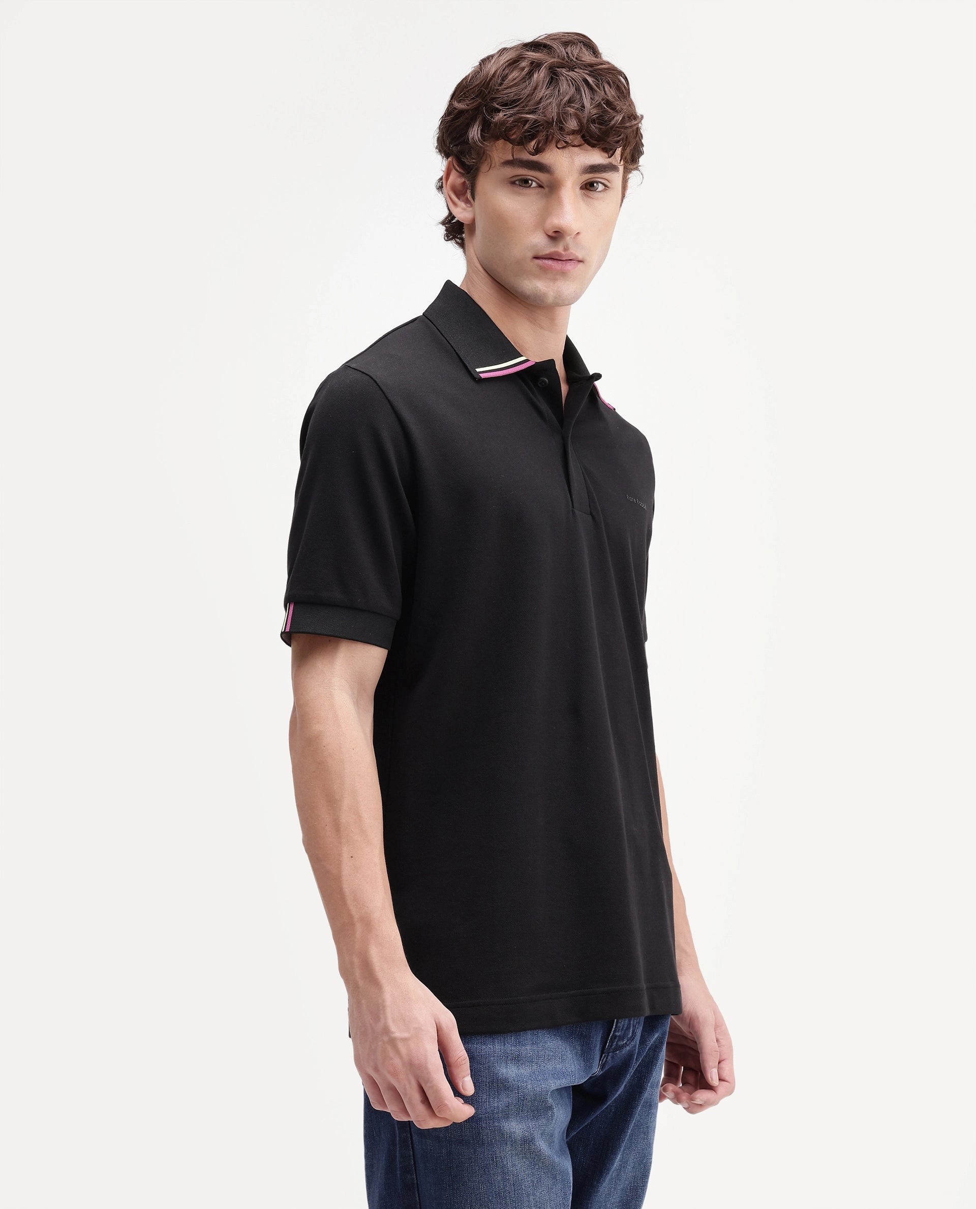 Rare Rabbit Men's Eris Black Cotton Blend Spread Collar Regular Plain Polo