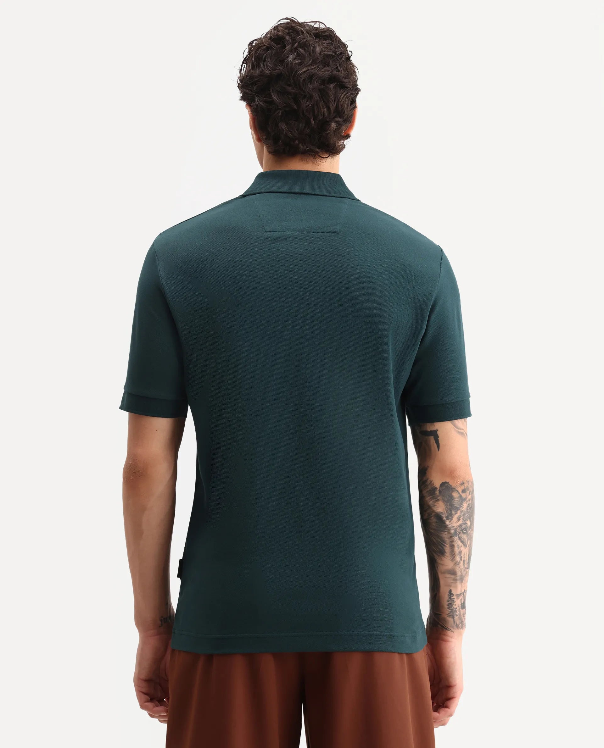 Rare Rabbit Men's Jefra Dark Green Cotton Blend Regular Fit Half Sleeves Graphic Print Polo