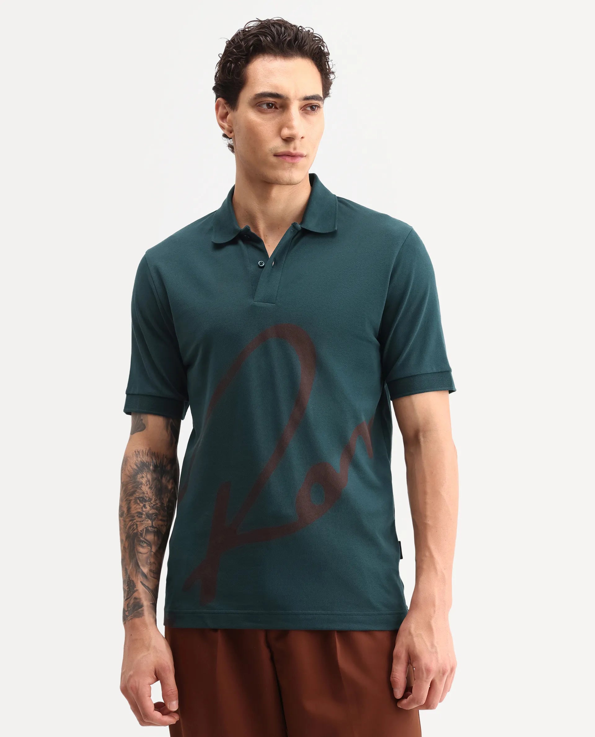 Rare Rabbit Men's Jefra Dark Green Cotton Blend Regular Fit Half Sleeves Graphic Print Polo