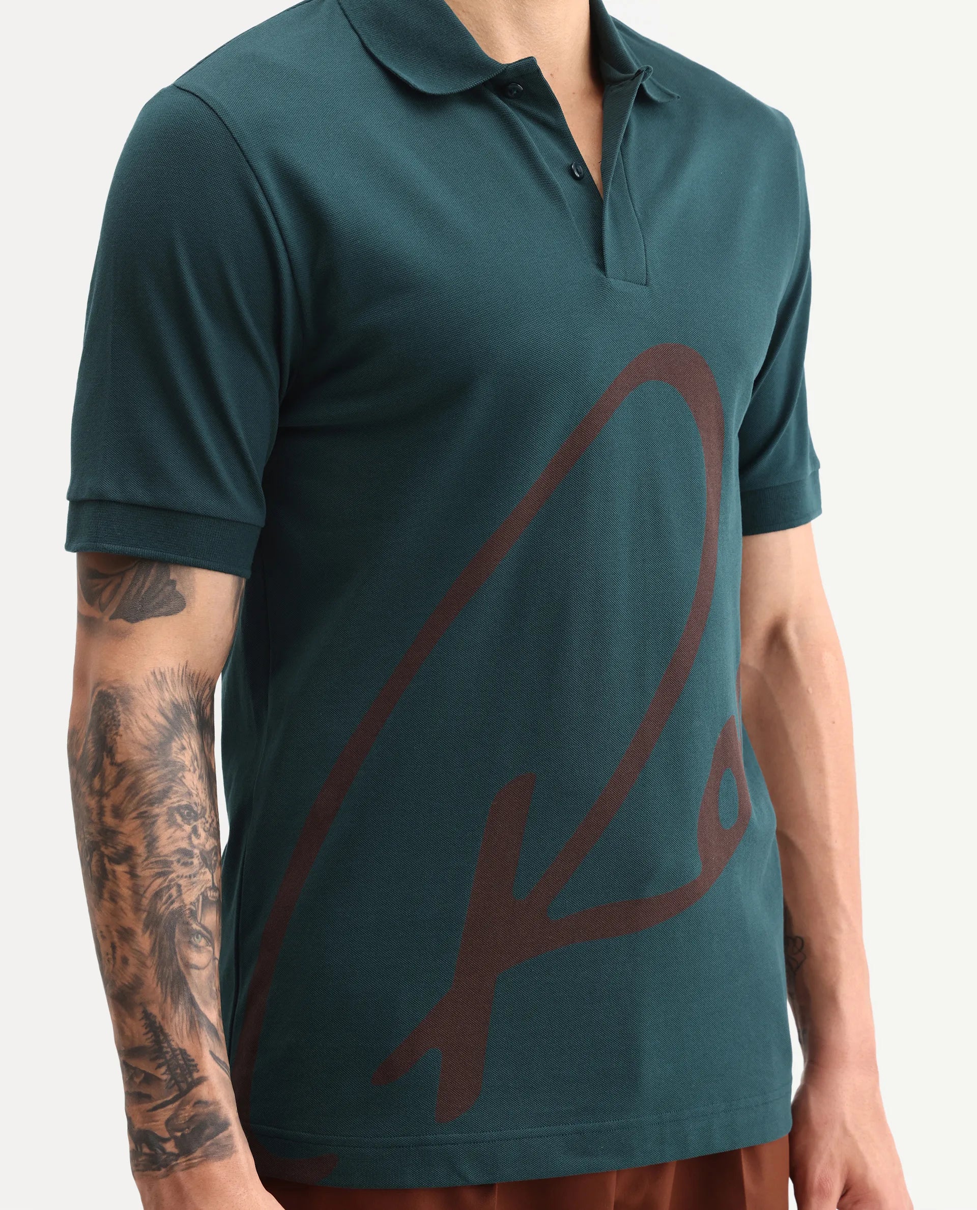 Rare Rabbit Men's Jefra Dark Green Cotton Blend Regular Fit Half Sleeves Graphic Print Polo
