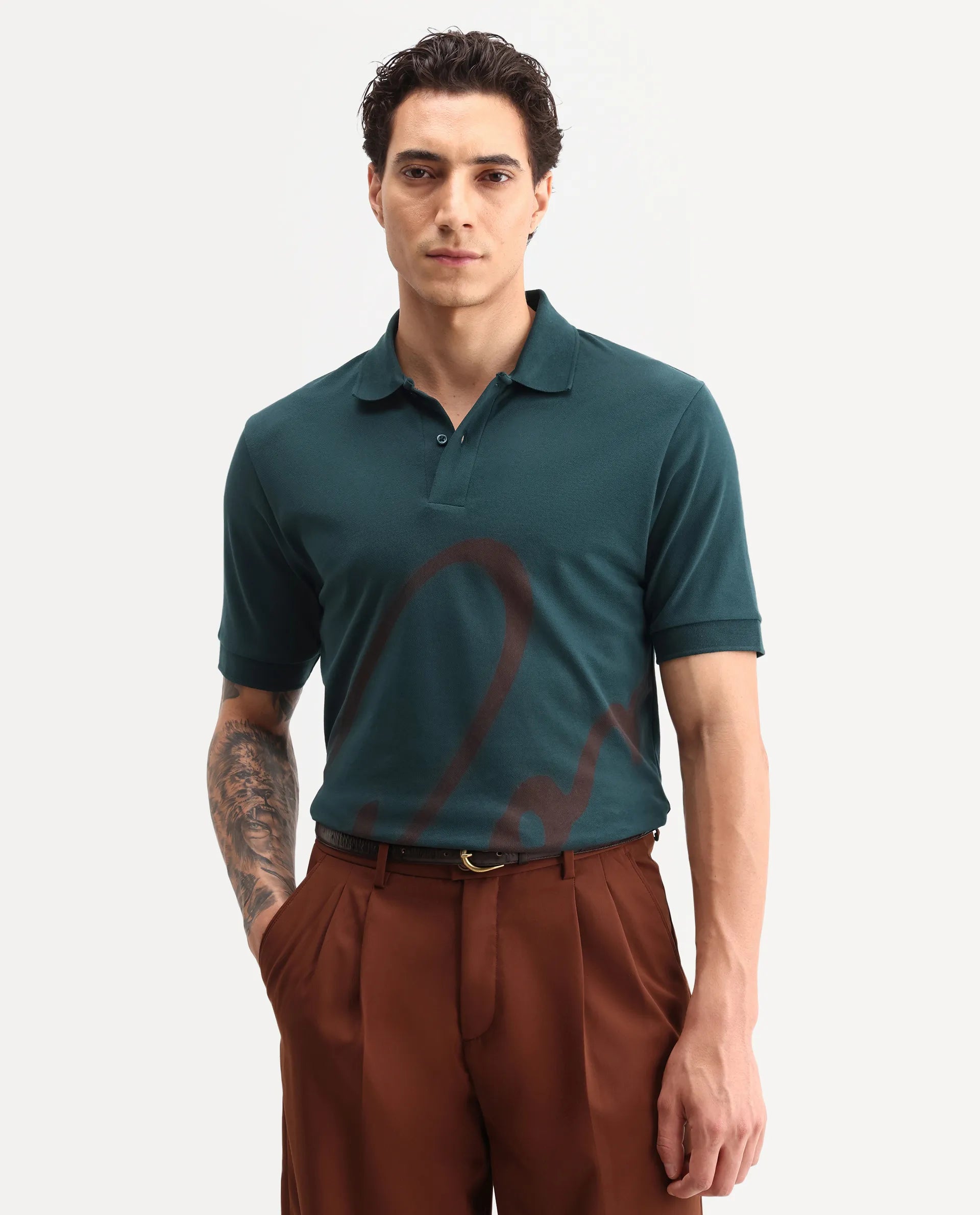 Rare Rabbit Men's Jefra Dark Green Cotton Blend Regular Fit Half Sleeves Graphic Print Polo