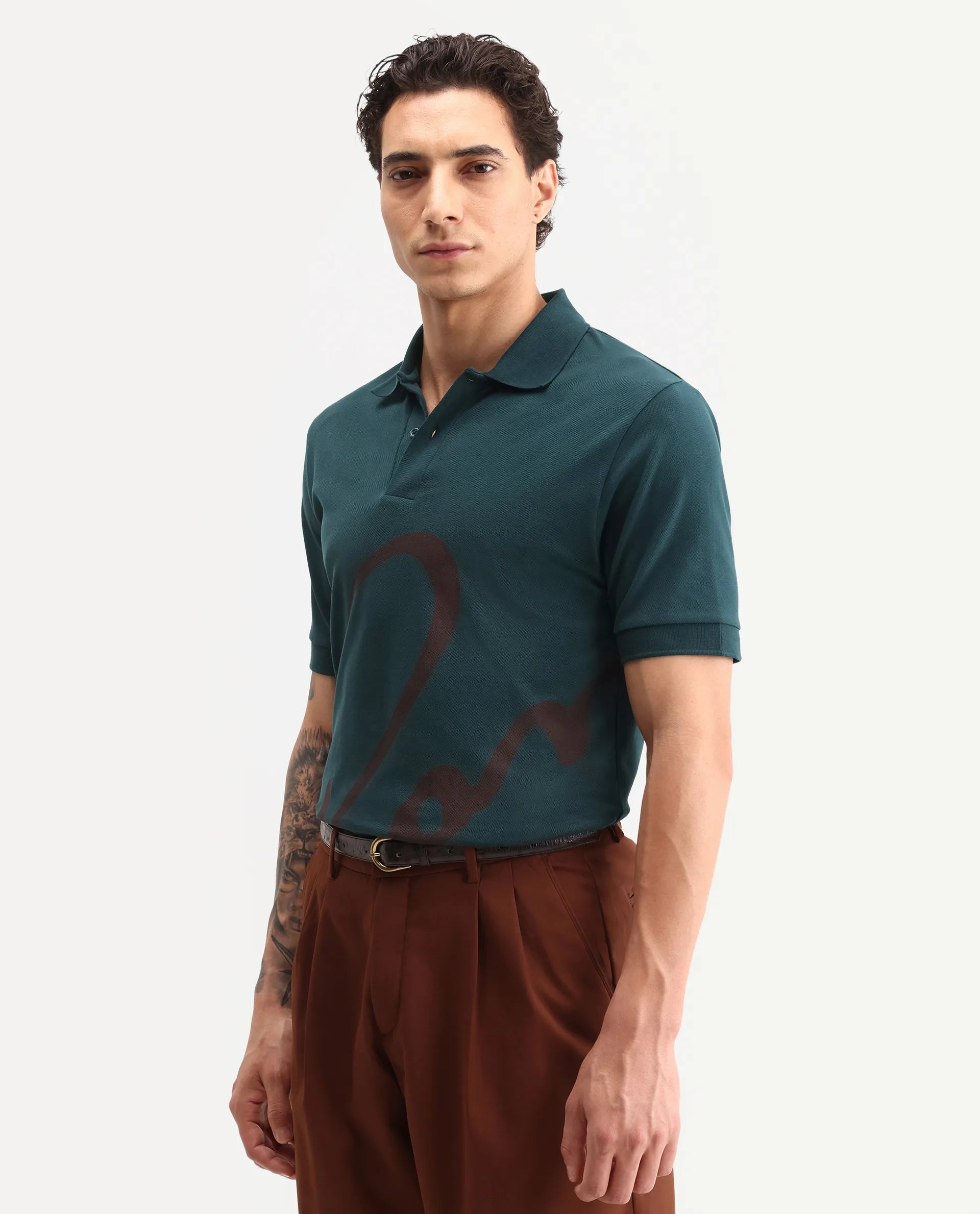 Rare Rabbit Men's Jefra Dark Green Cotton Blend Regular Fit Half Sleeves Graphic Print Polo