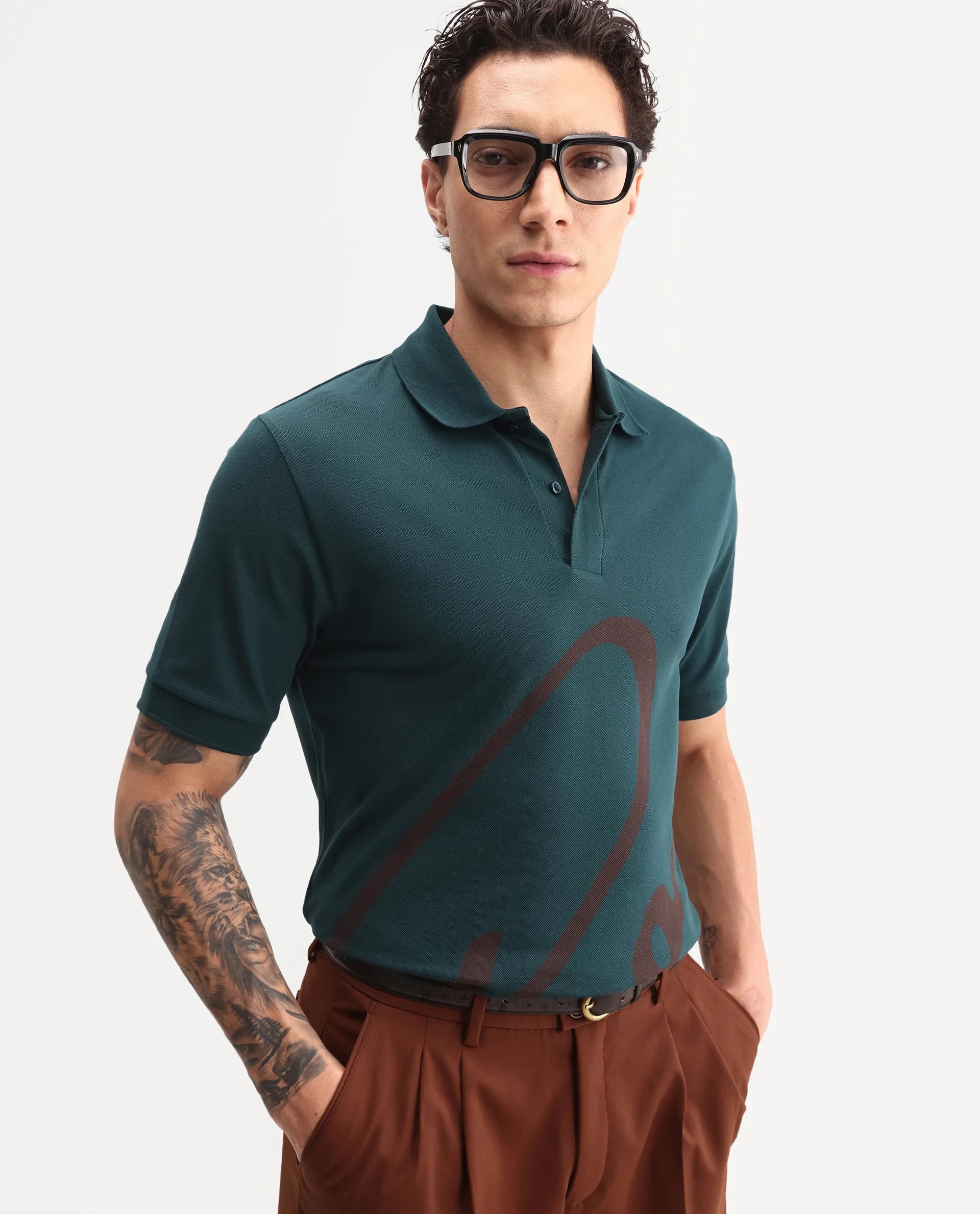 Rare Rabbit Men's Jefra Dark Green Cotton Blend Regular Fit Half Sleeves Graphic Print Polo