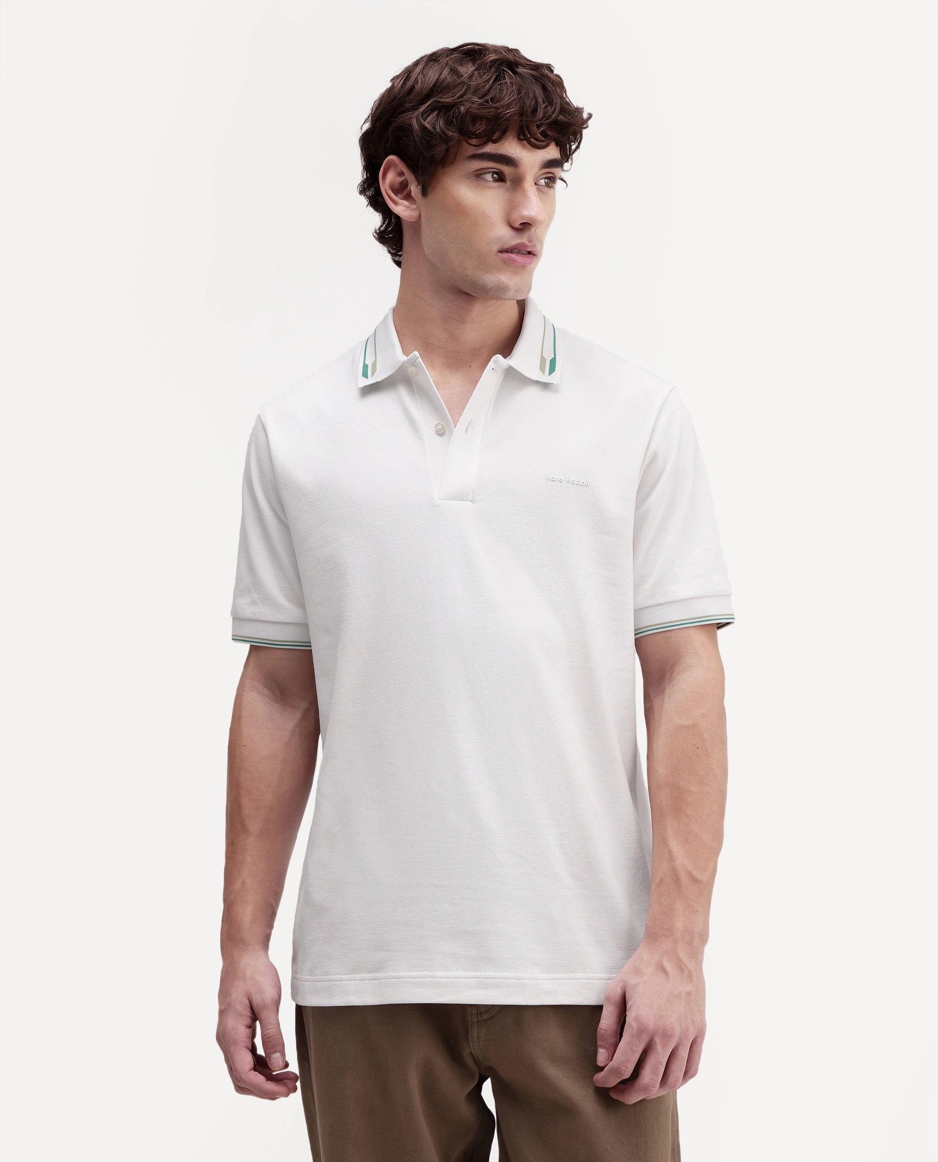Rare Rabbit Men's Elank White Cotton Blend Spread Collar Regular Plain Polo