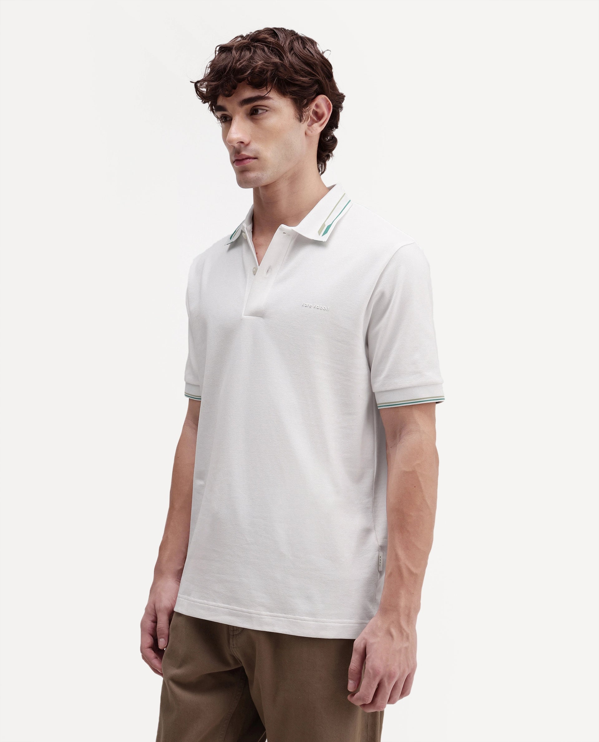Rare Rabbit Men's Elank White Cotton Blend Spread Collar Regular Plain Polo