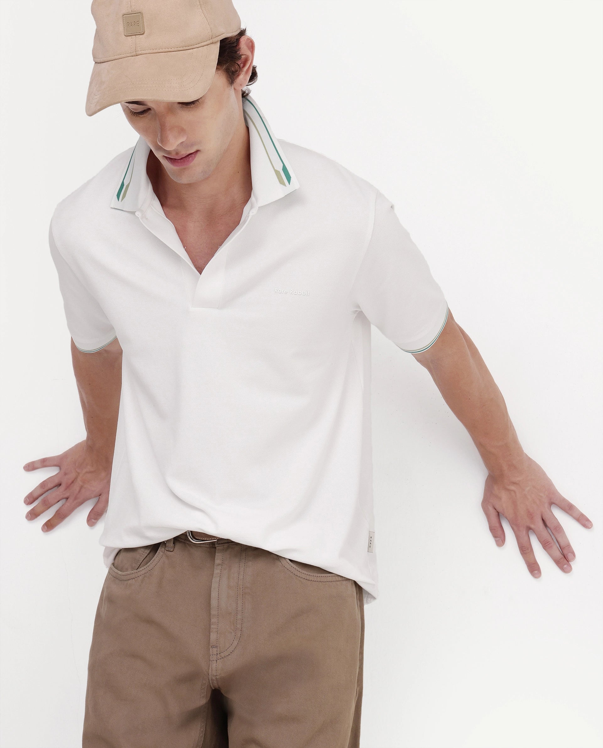 Rare Rabbit Men's Elank White Cotton Blend Spread Collar Regular Plain Polo