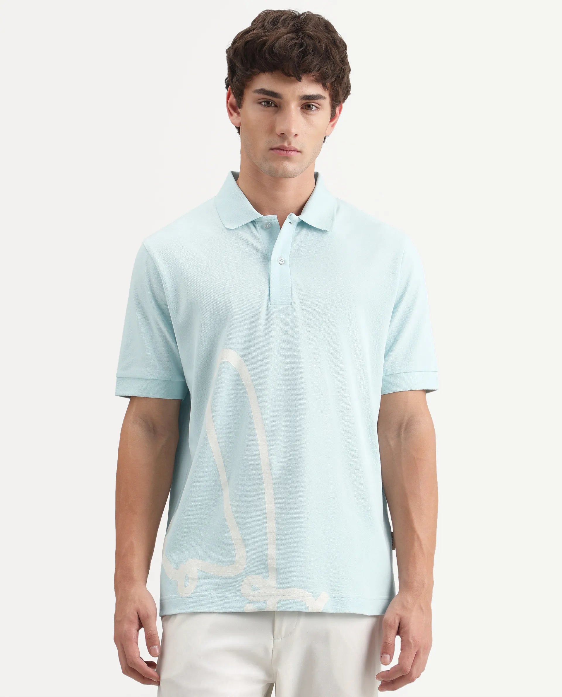 Rare Rabbit Men's Jefra-1 Light Blue Cotton Blend Regular Fit Half Sleeves Graphic Print Polo