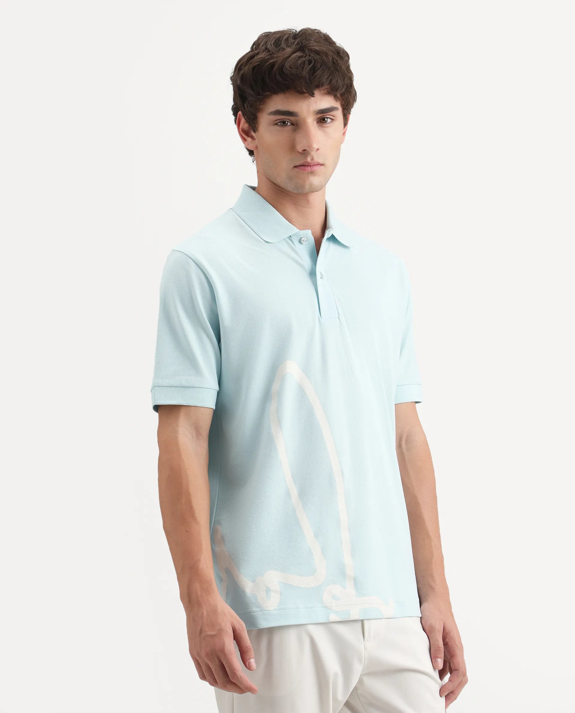 Rare Rabbit Men's Jefra-1 Light Blue Cotton Blend Regular Fit Half Sleeves Graphic Print Polo