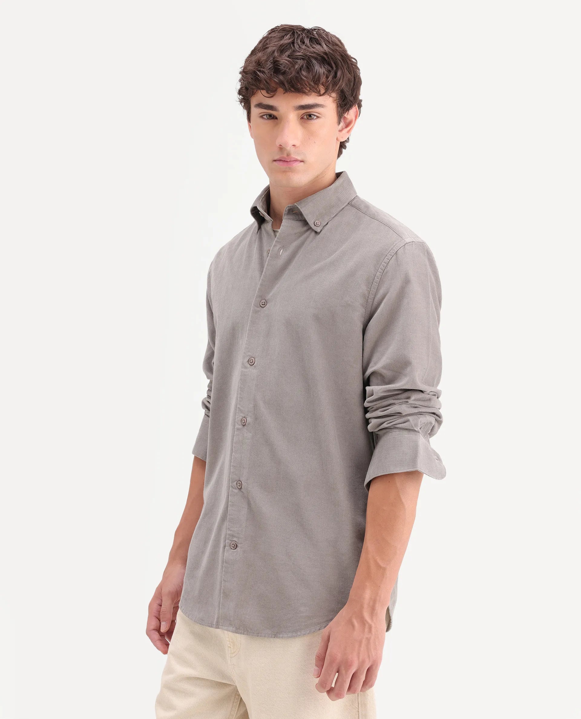 Rare Rabbit Men's Buita-On Dusky Grey Cotton Fabric Button-Down Collar Regular Fit Plain Shirt