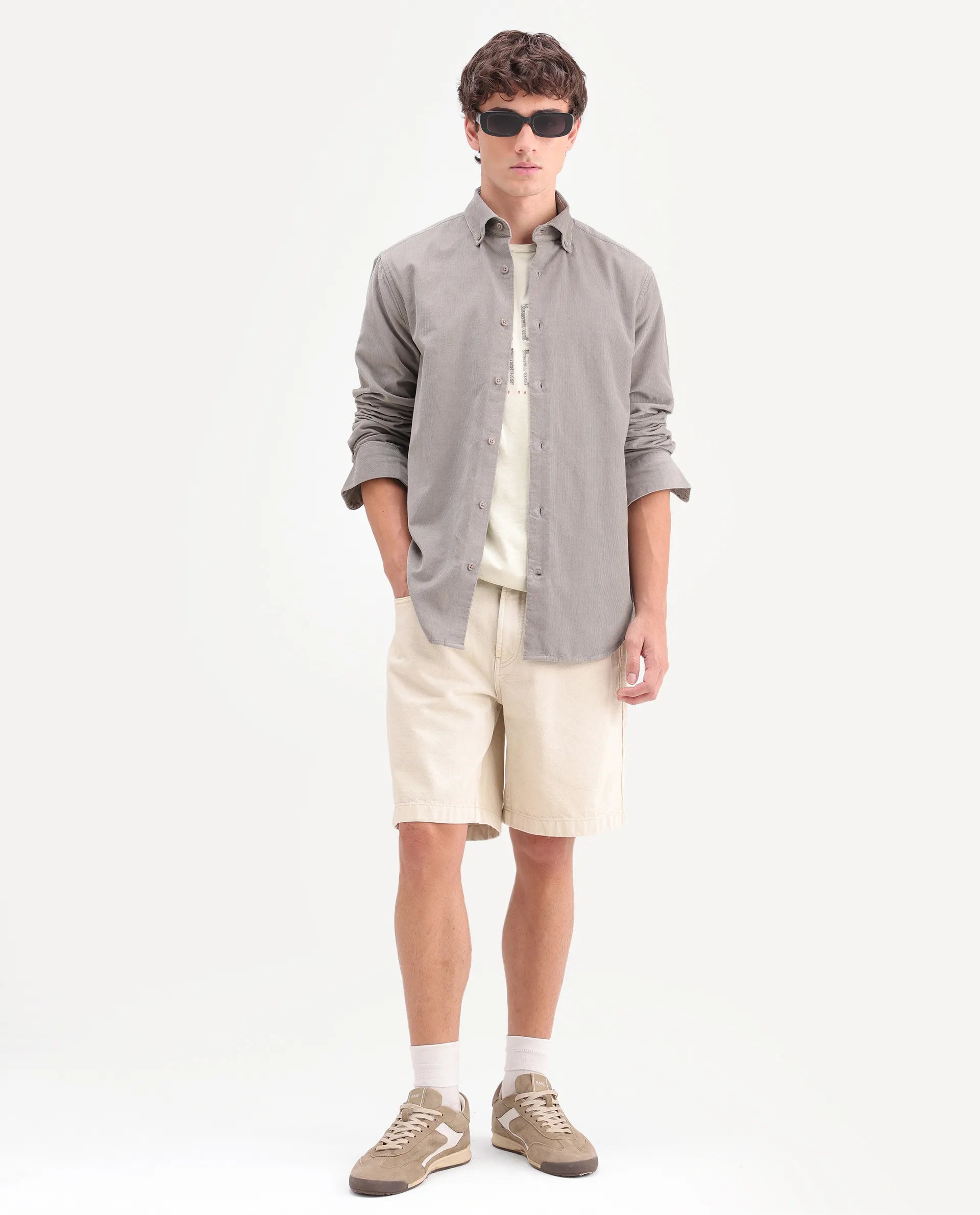 Rare Rabbit Men's Buita-On Dusky Grey Cotton Fabric Button-Down Collar Regular Fit Plain Shirt