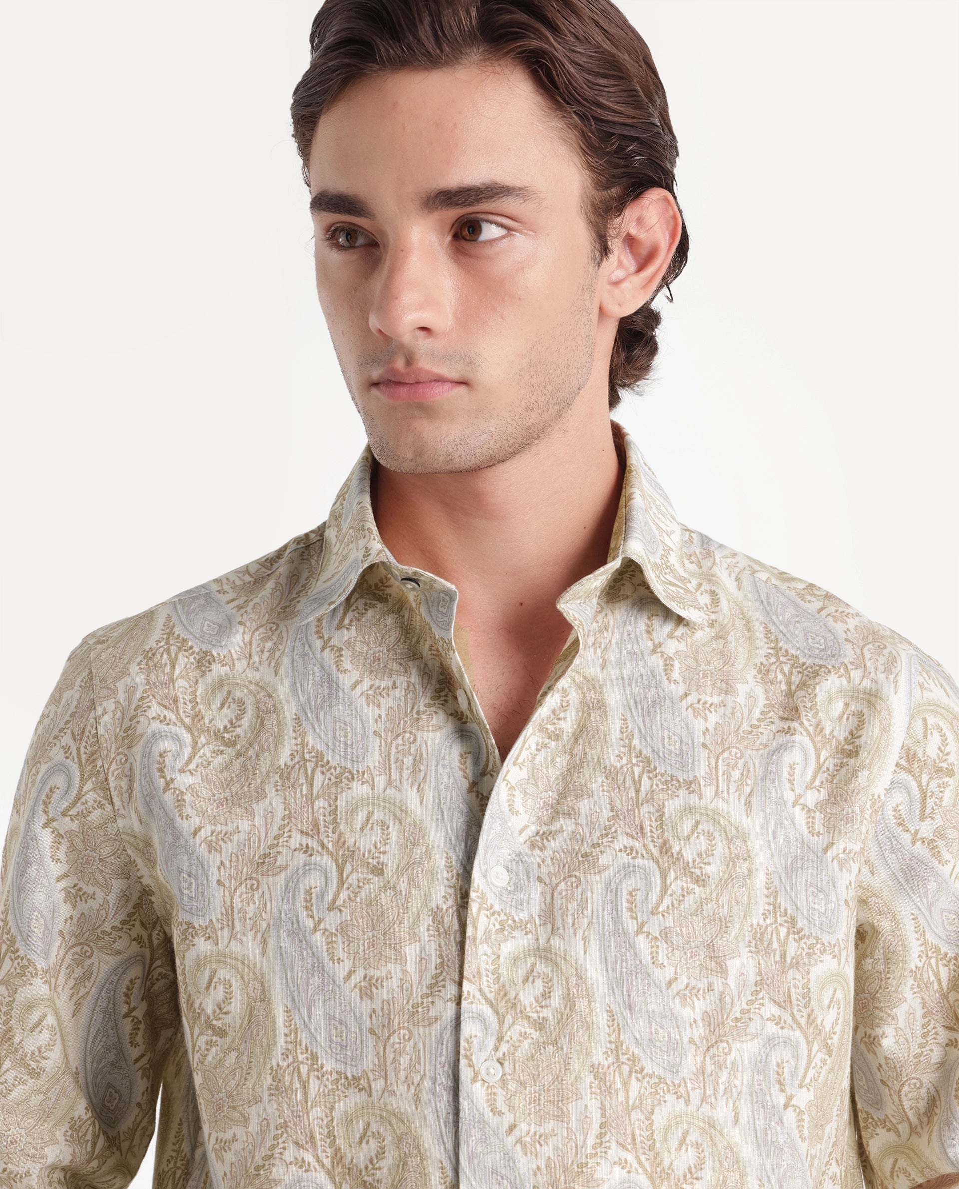 Rare Rabbit Men's Claro Off White Cotton Fabric Spread Collar Regular Paisley Print Shirt