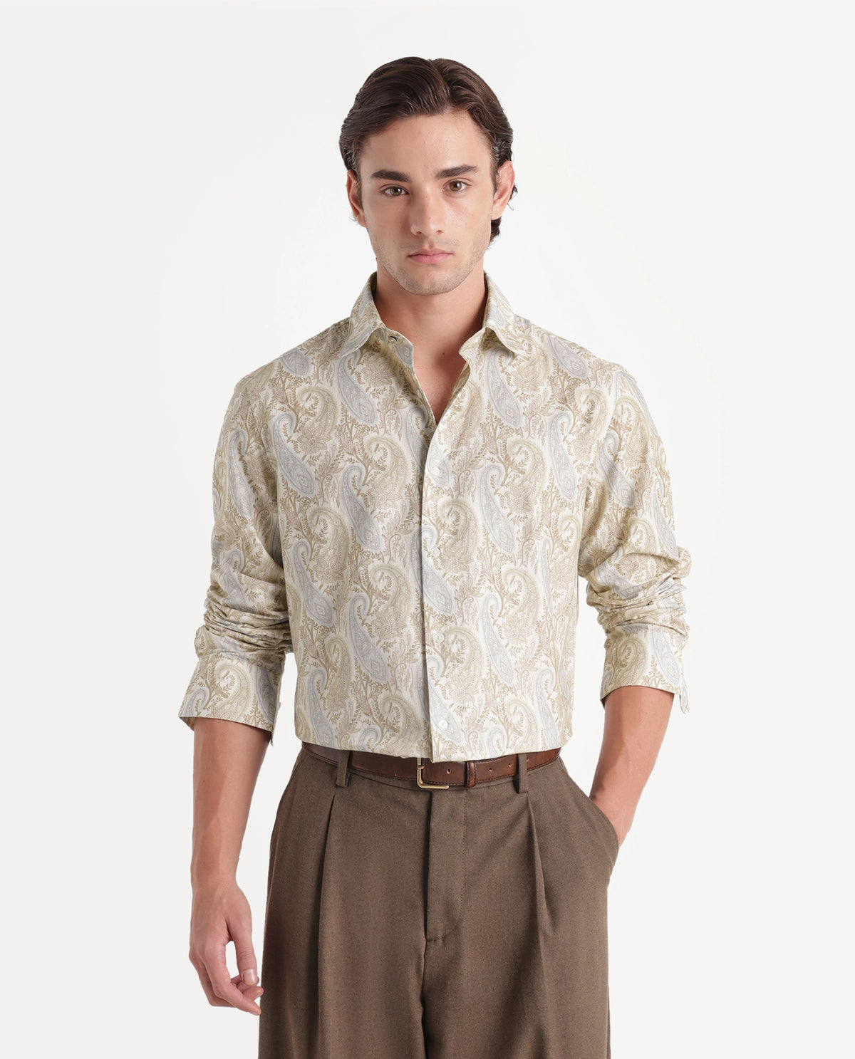 Rare Rabbit Men's Claro Off White Cotton Fabric Spread Collar Regular Paisley Print Shirt