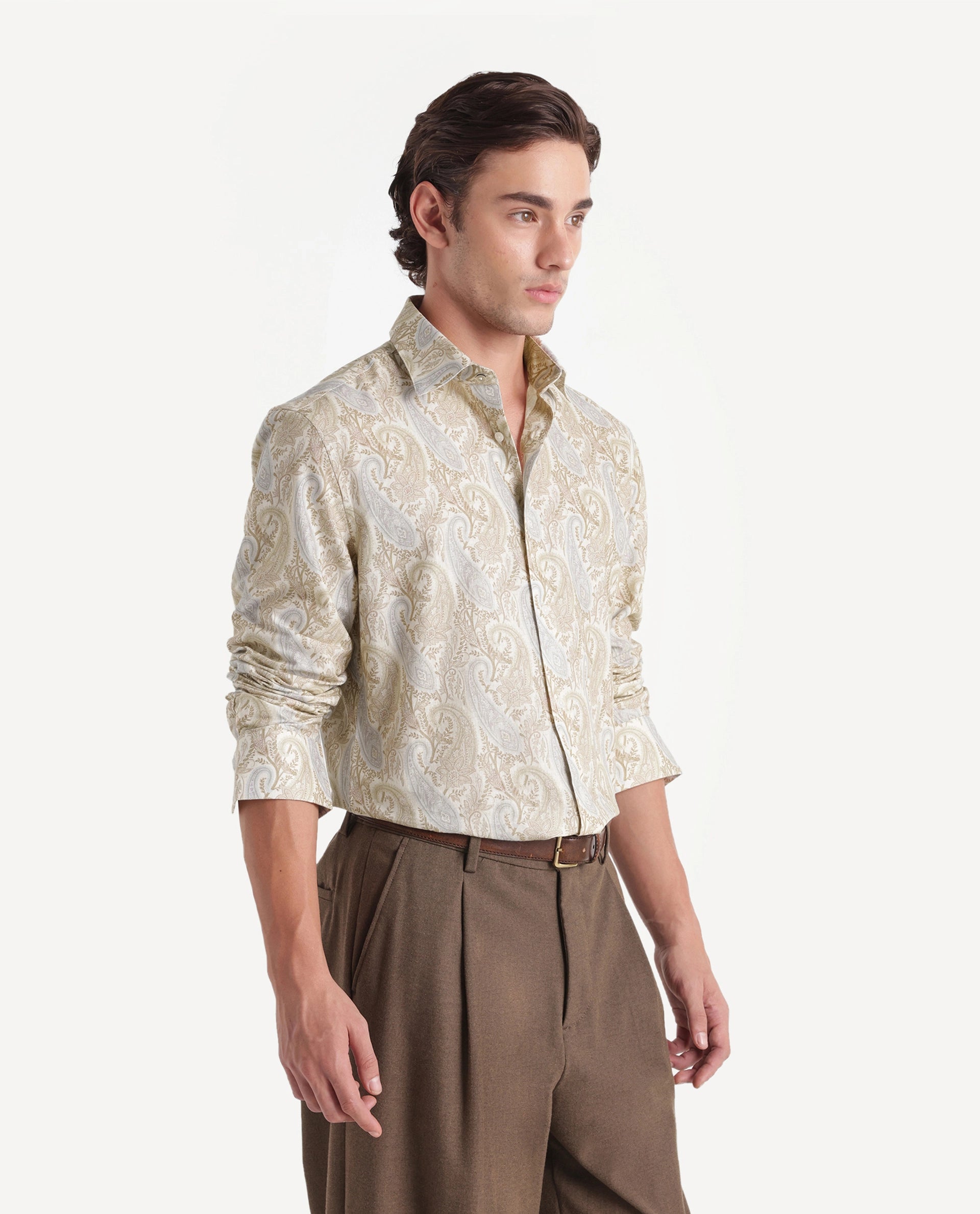 Rare Rabbit Men's Claro Off White Cotton Fabric Spread Collar Regular Paisley Print Shirt